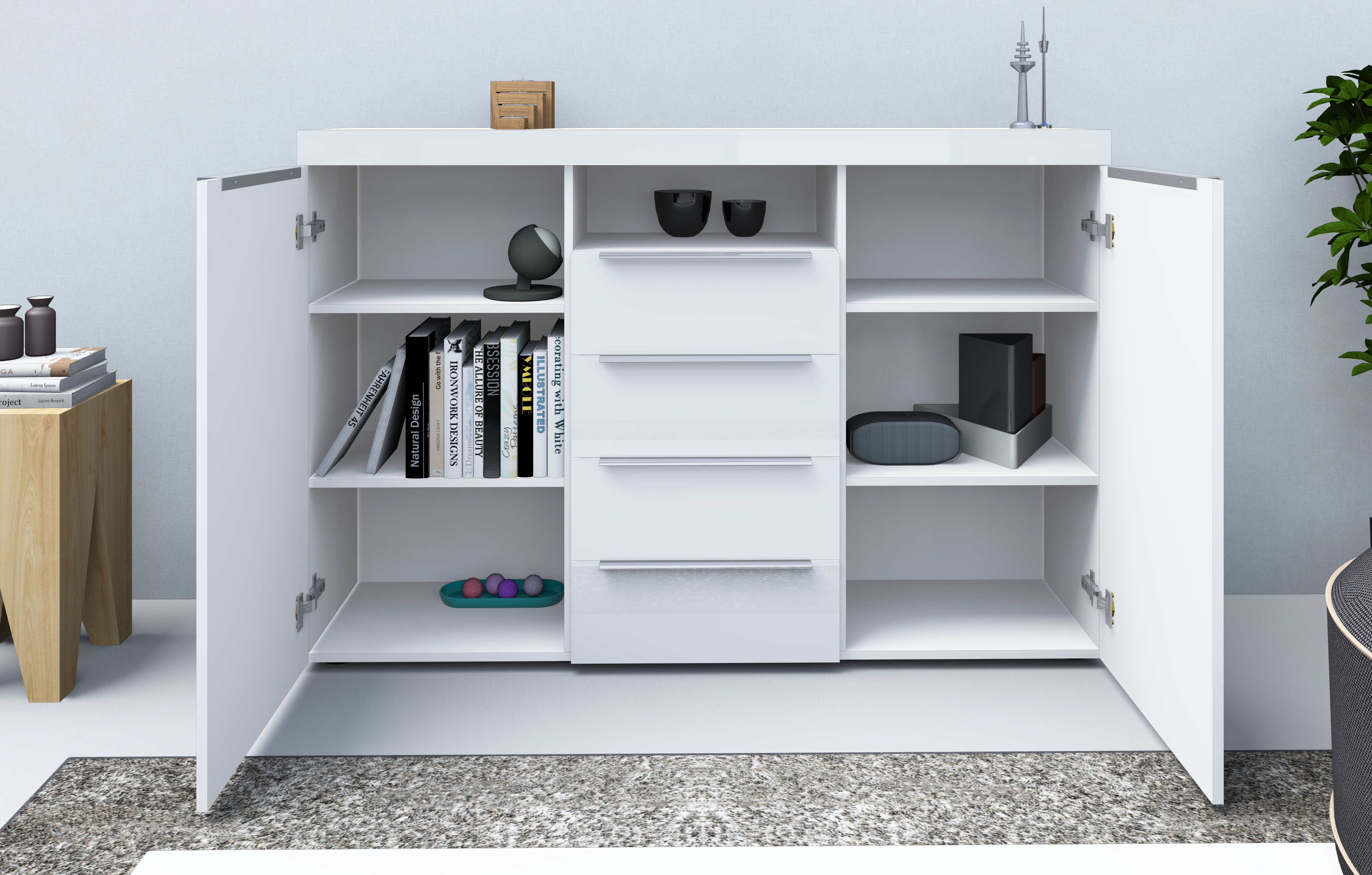 26684426_HB-139-weiss-gl-nzend-5 Highboard Weiß Hochglanz "Durban" 139 cm