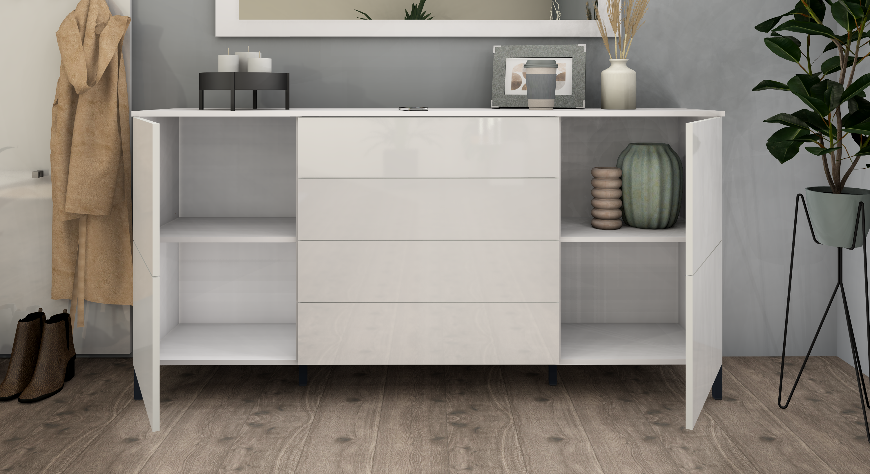 Sideboard Weiß Hochglanz "Haama" 166 cm mit Metallfüßen