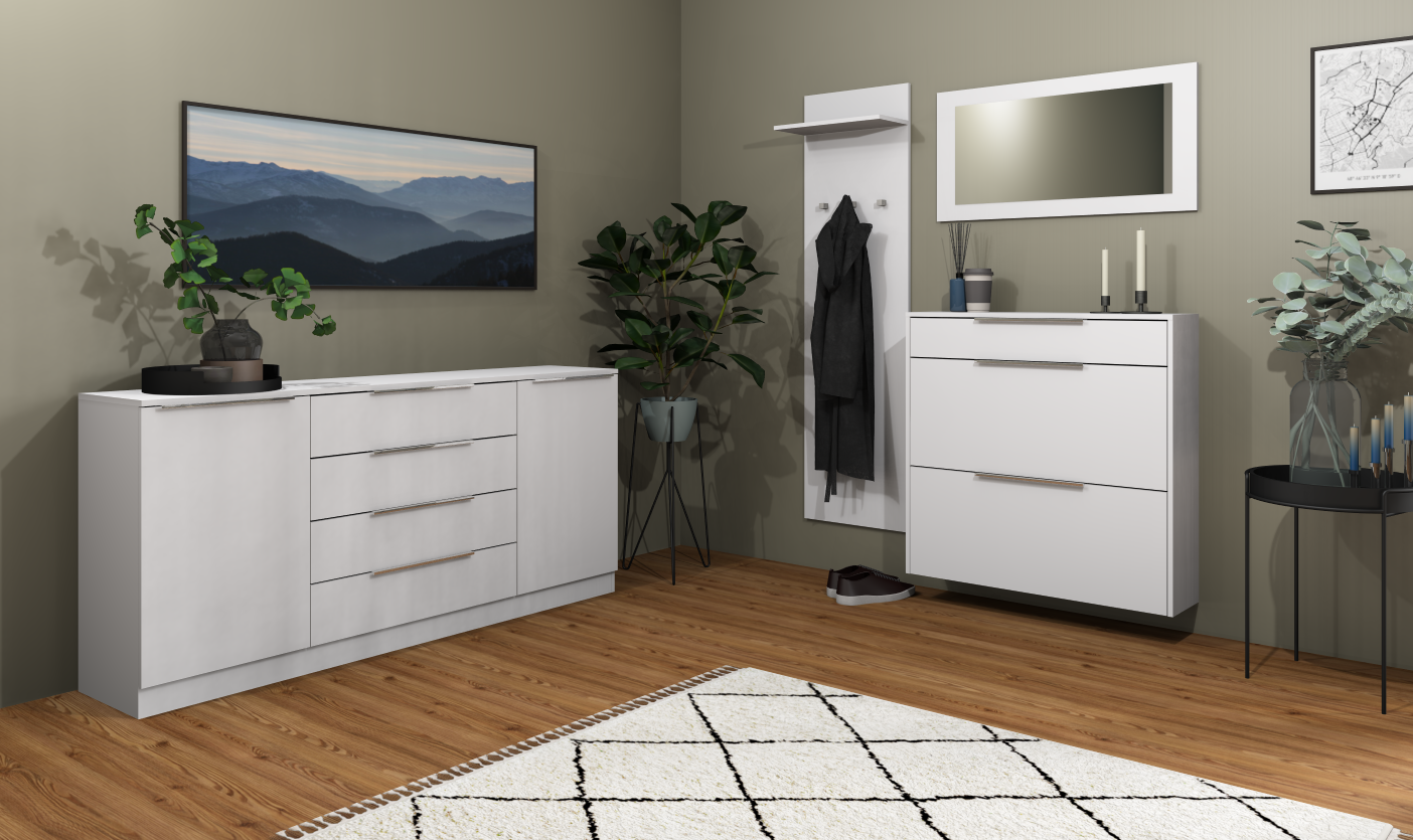 Garderobenset Oliva Basic mit Schuhschrank, Paneel und Spiegel in weiß matt