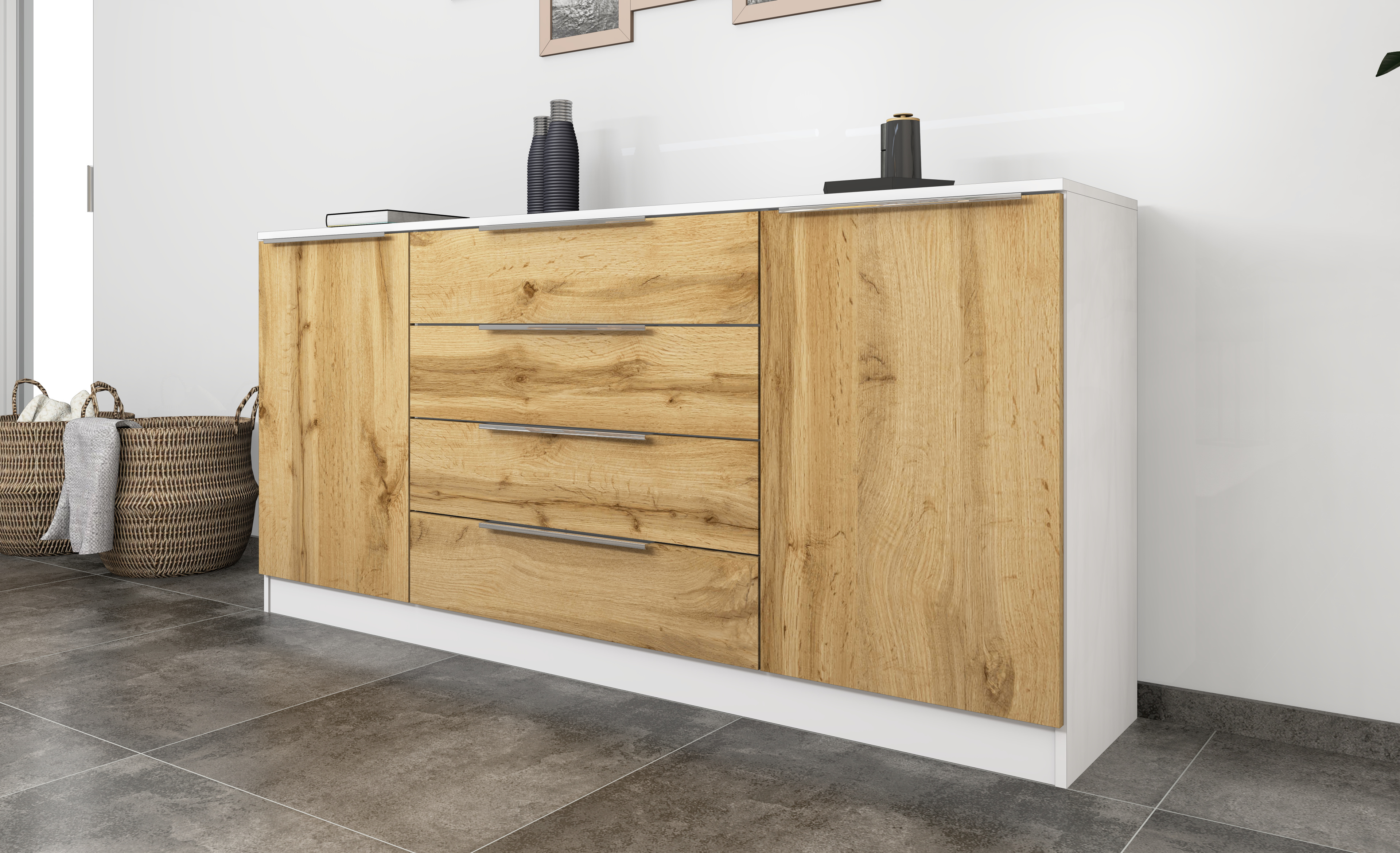 Sideboard Oliva 166 cm Weiß Matt - Eiche Wotan