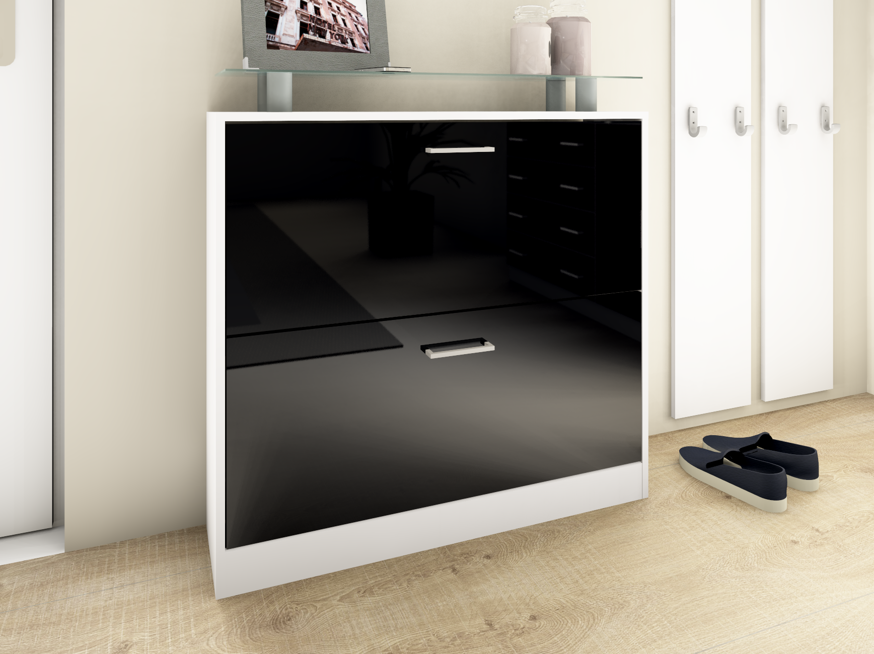 Schuhschrank Weiß matt - Schwarz Hochglanz "Finn" 