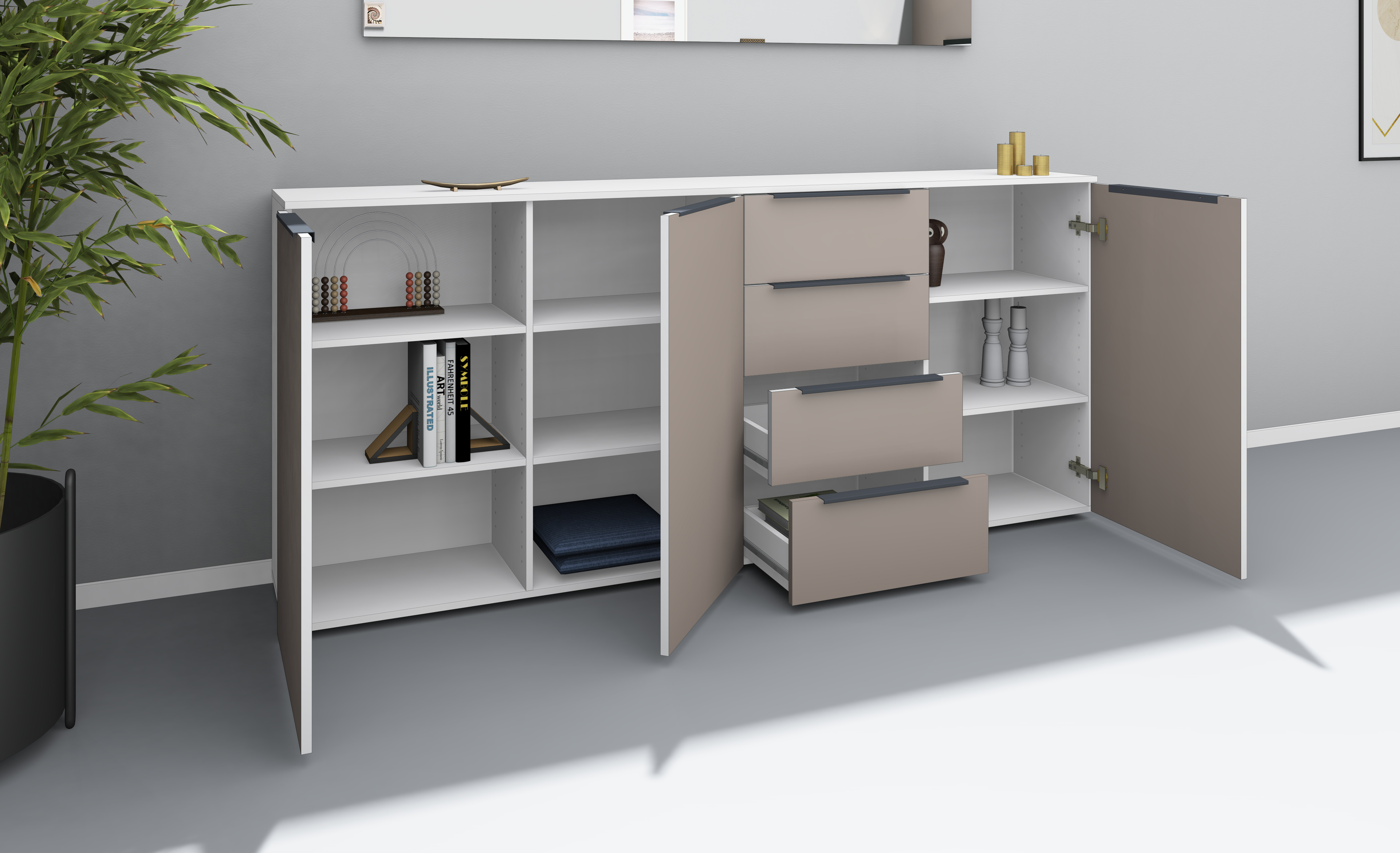 18459014_HB200_weiss-congo_05 Highboard Weiß - Cappuccino "Tom" 200 cm