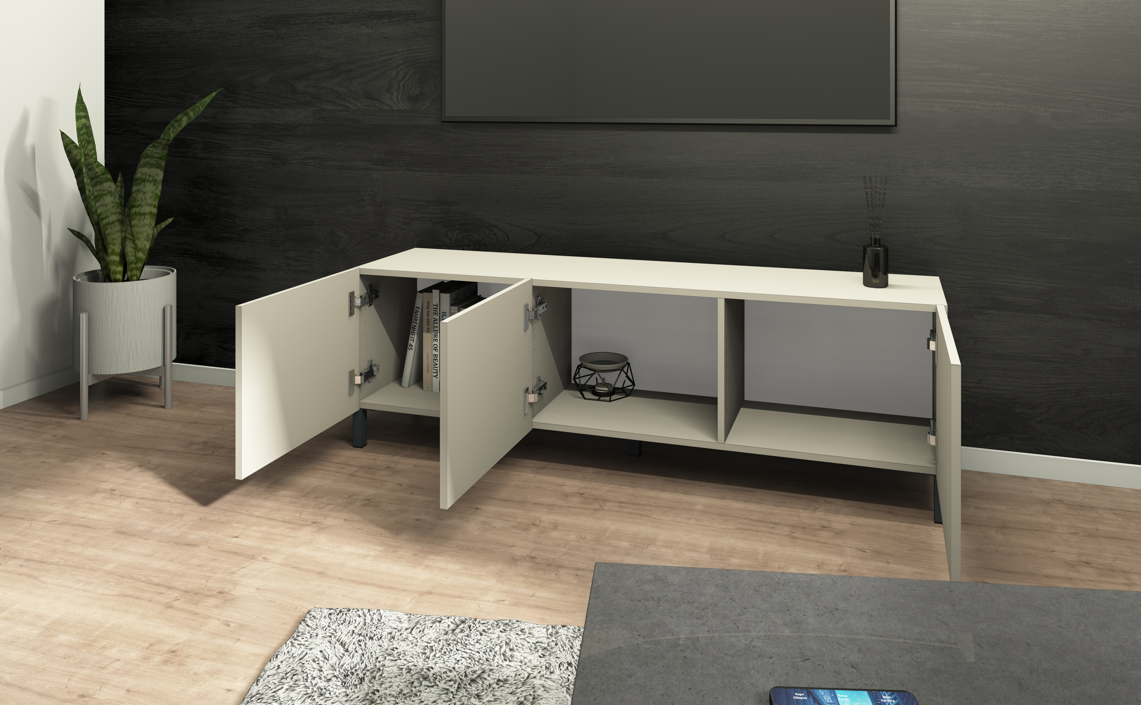 Lowboard Pori 139 cm Kaschmir-Dekor, 3 Türen, Metallfüße