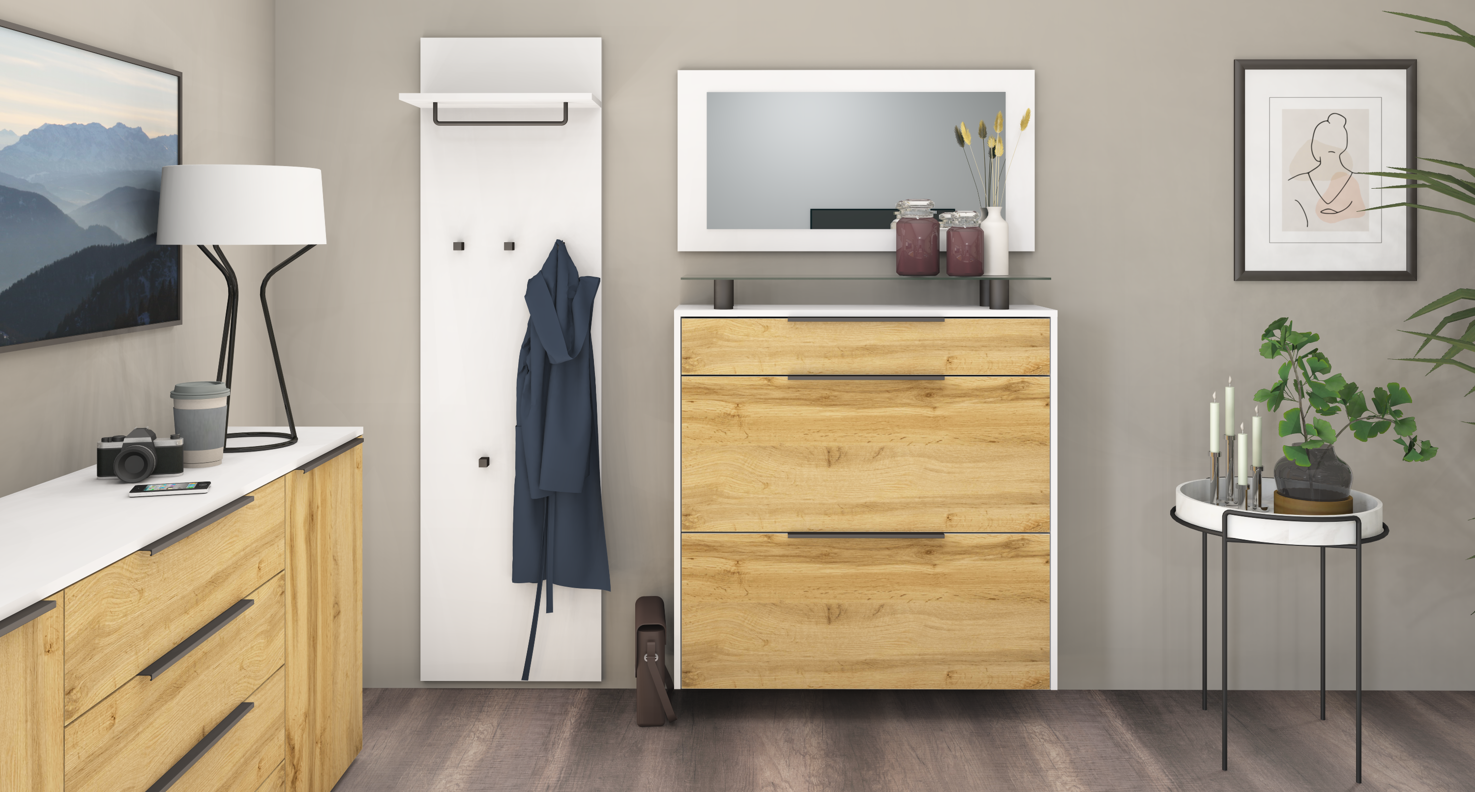 Schuhschrank mit Spiegel und Paneel "Tom" Weiß - Eiche