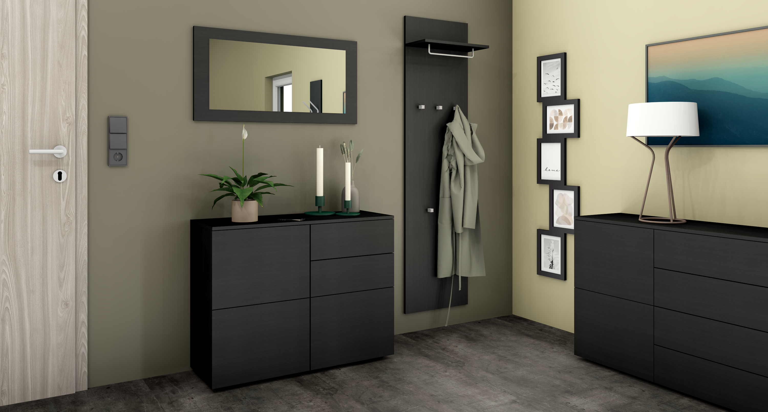 Garderobenset Schwarz Matt "Rova" 3-teilig mit Kommode, Spiegel, Paneel