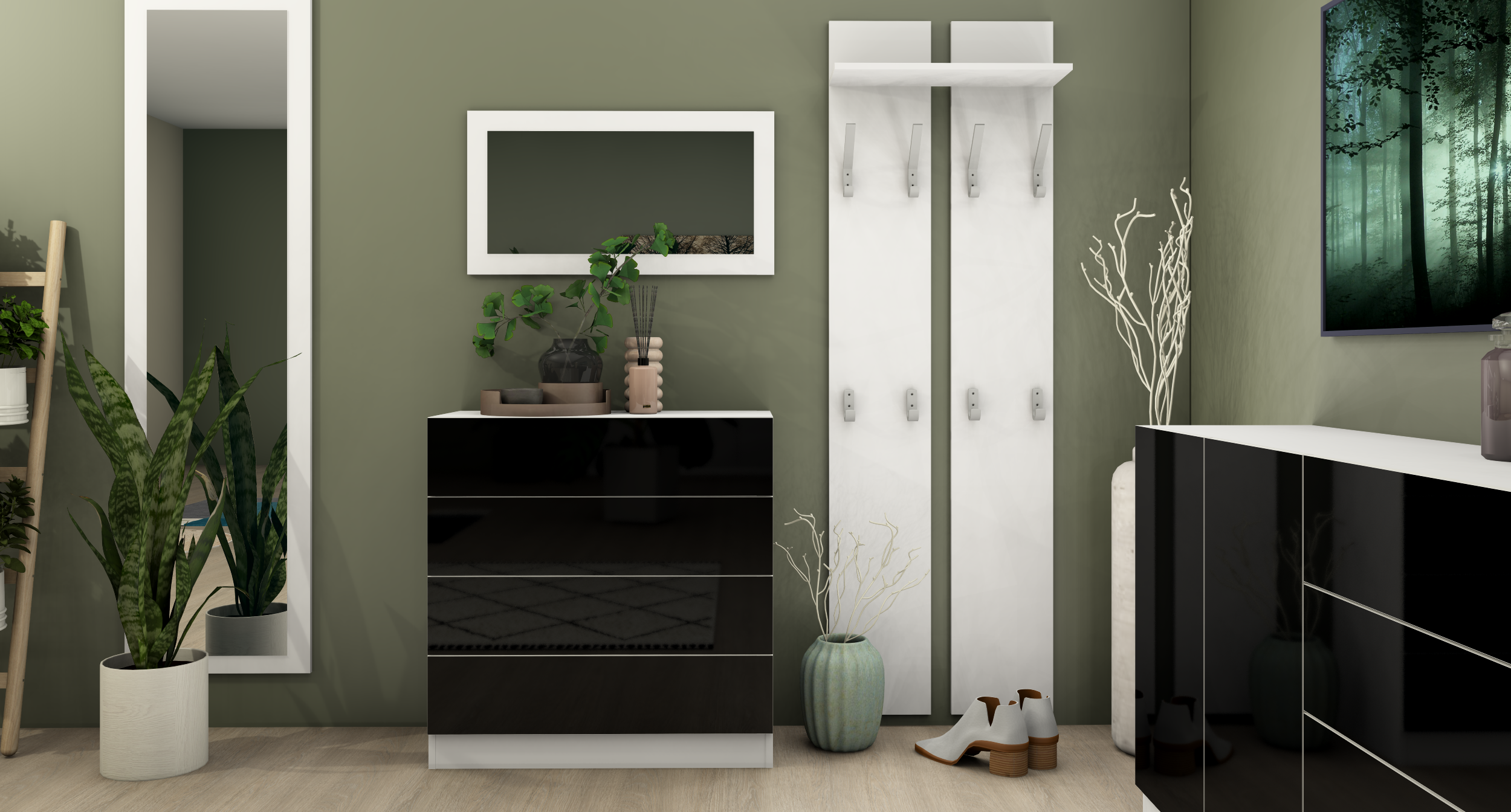 Kommode Weiß Matt - Schwarz Hochglanz "Vaasa" im Set mit Spiegel und Paneel
