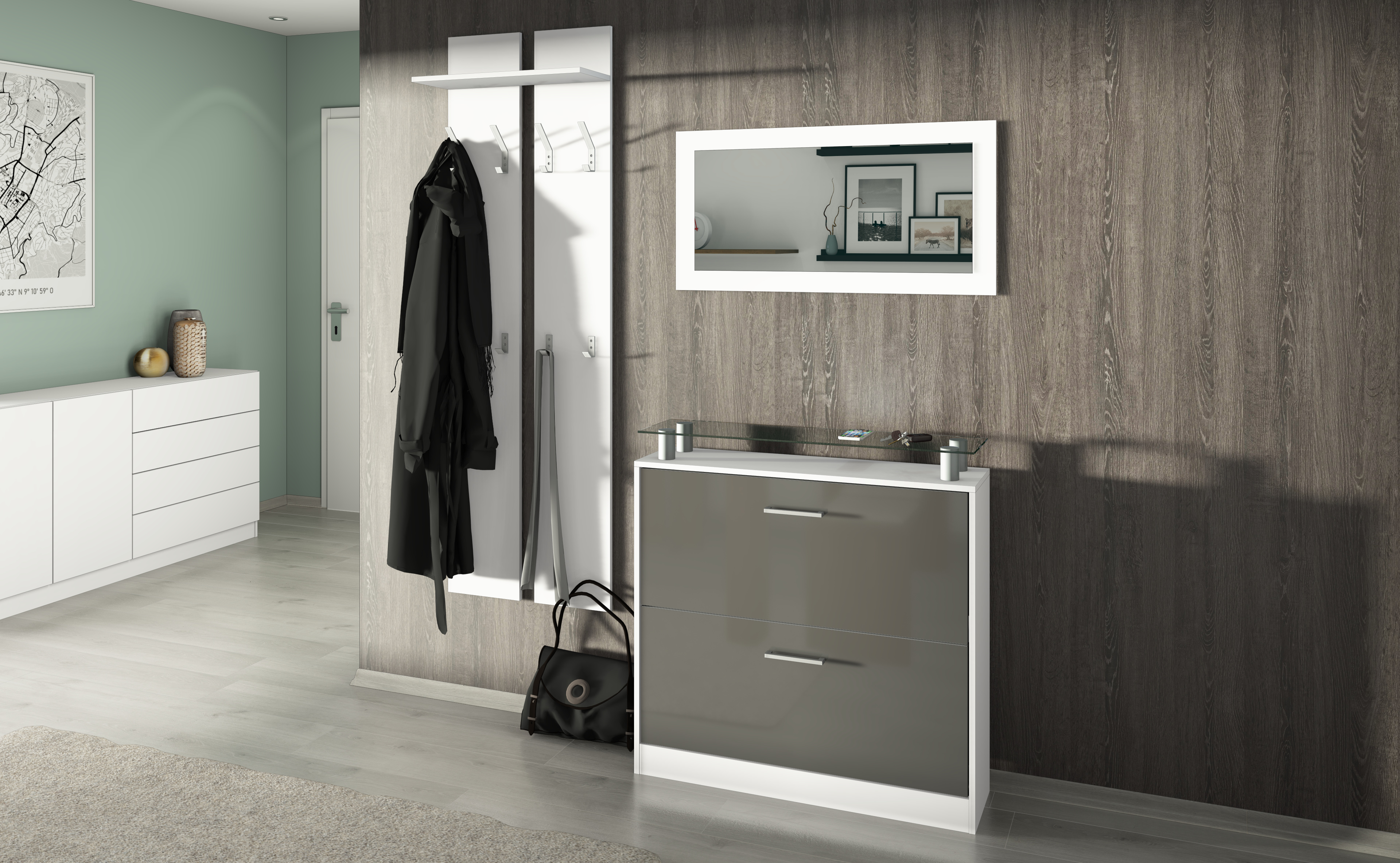 Garderobenset mit Schuhschrank, Paneel, Spiegel in Weiß-Graphit glänzend