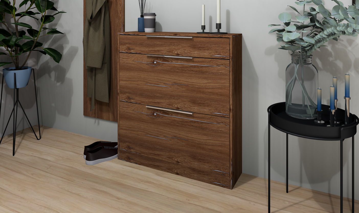 Schuhschrank Oliva mit 2 Klappen und Schubkasten in Eiche Vintage