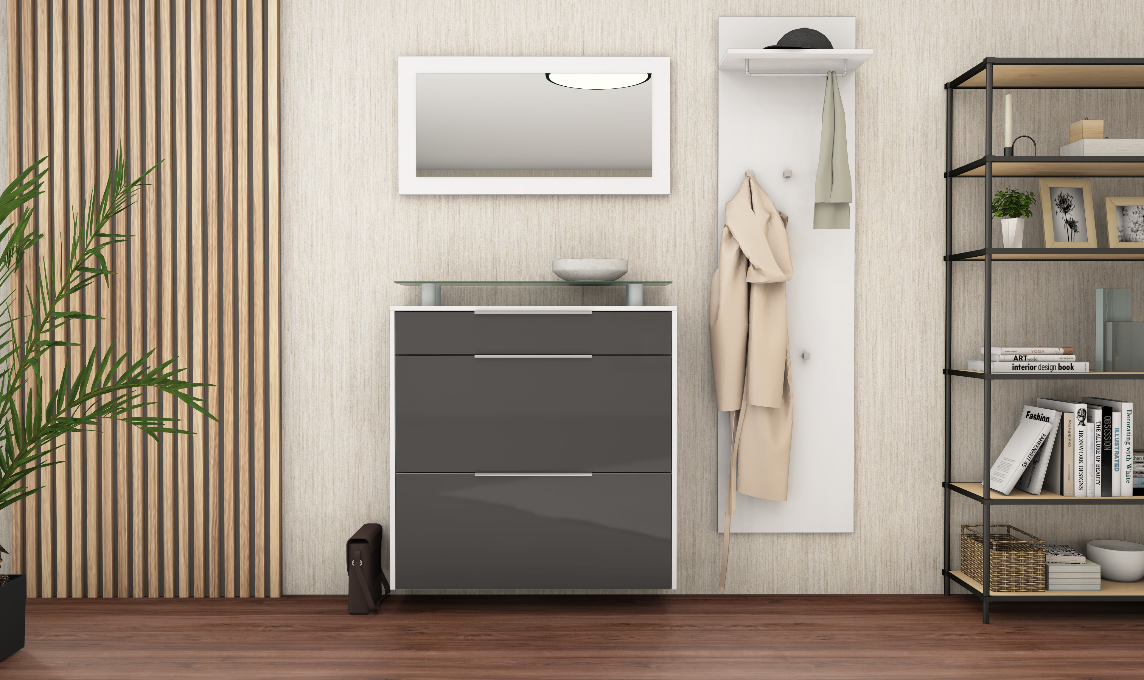 Schuhschrank im Set mit Spiegel und Paneel "Oliva" Weiß Matt - Graphit Hochglanz