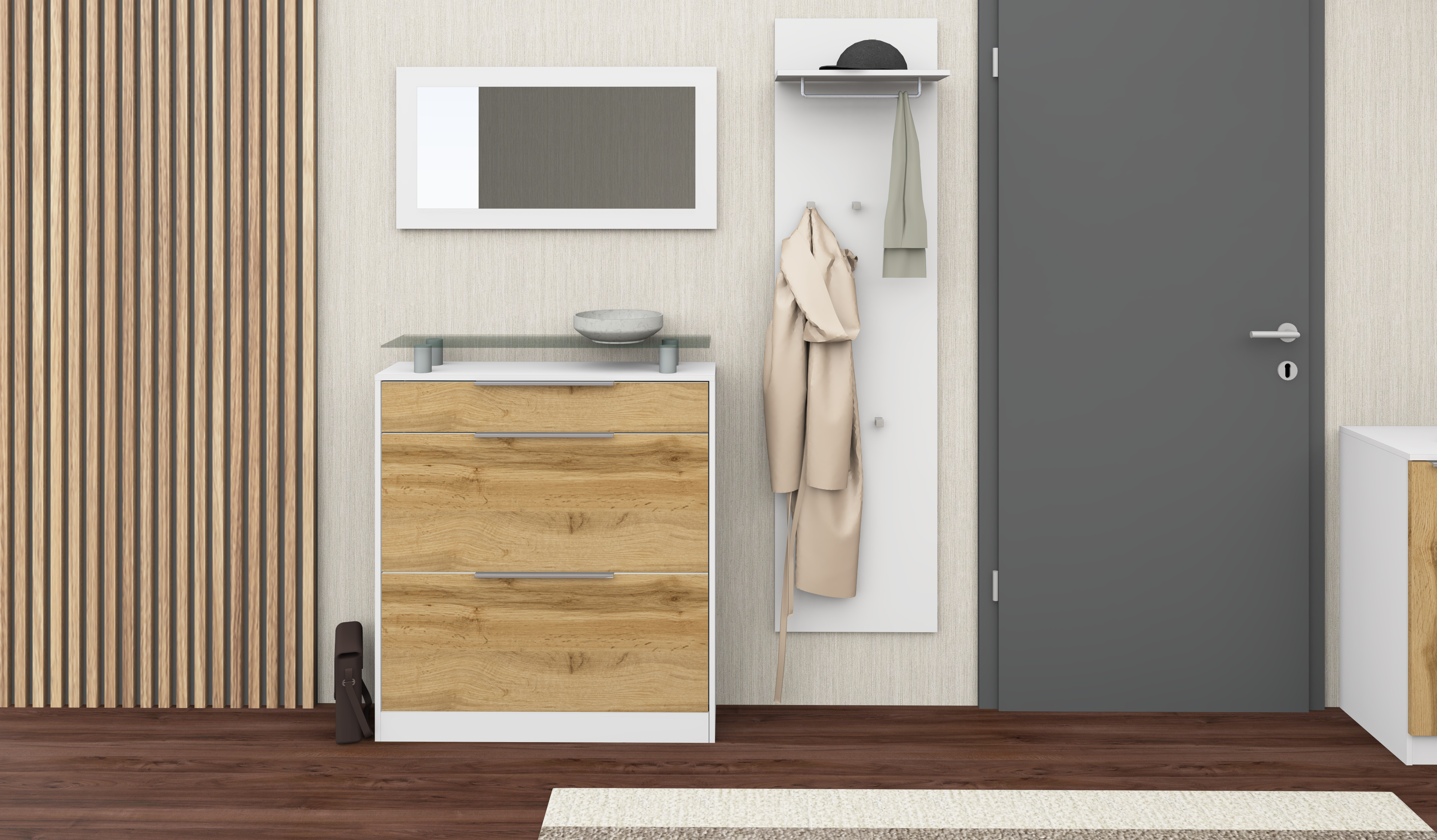 Schuhschrank im Set mit Spiegel und Paneel "Oliva" Weiß Matt - Eiche Wotan