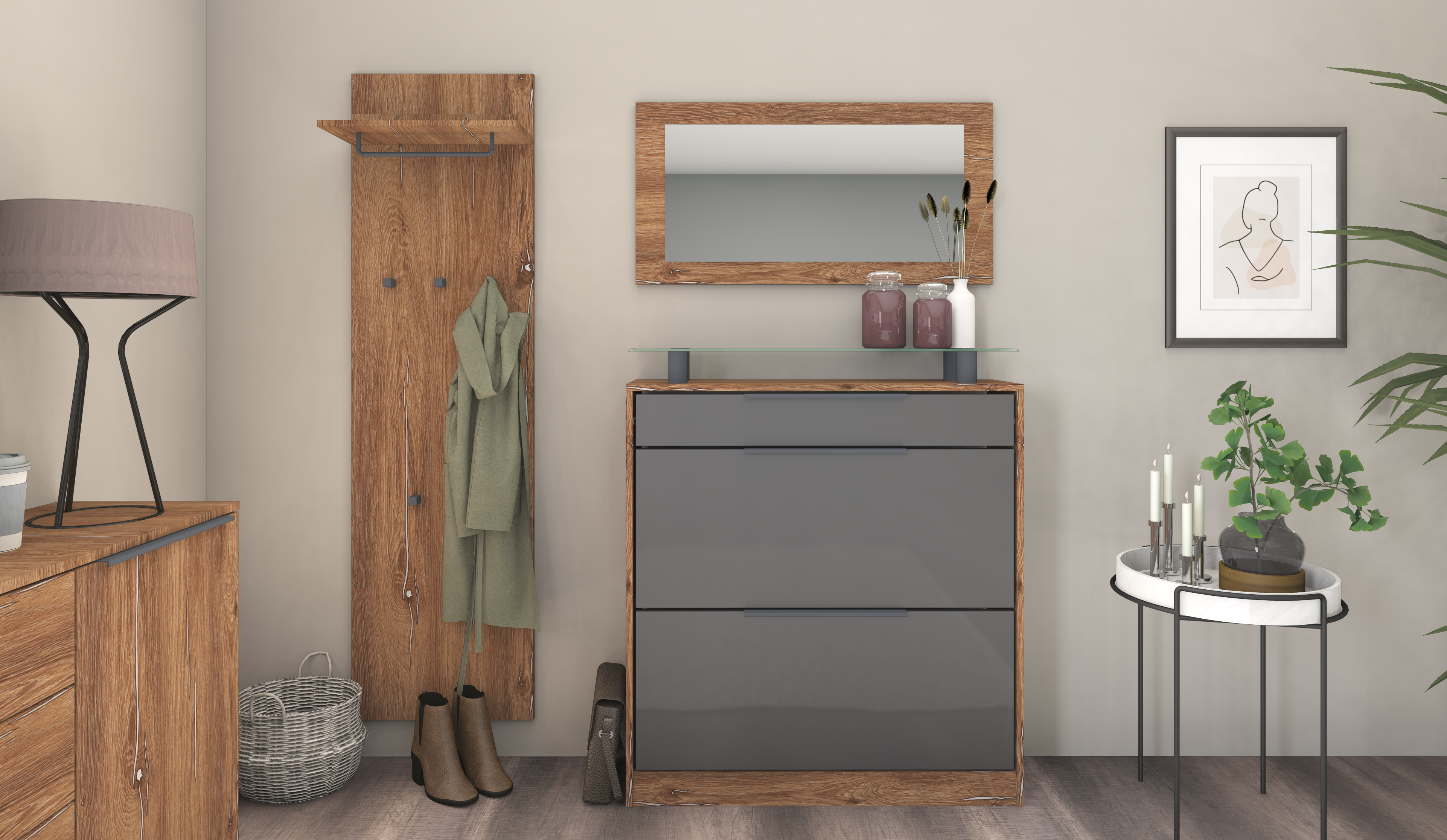 Schuhschrank mit Spiegel und Paneel "Tom" Eiche Vintage - Graphit