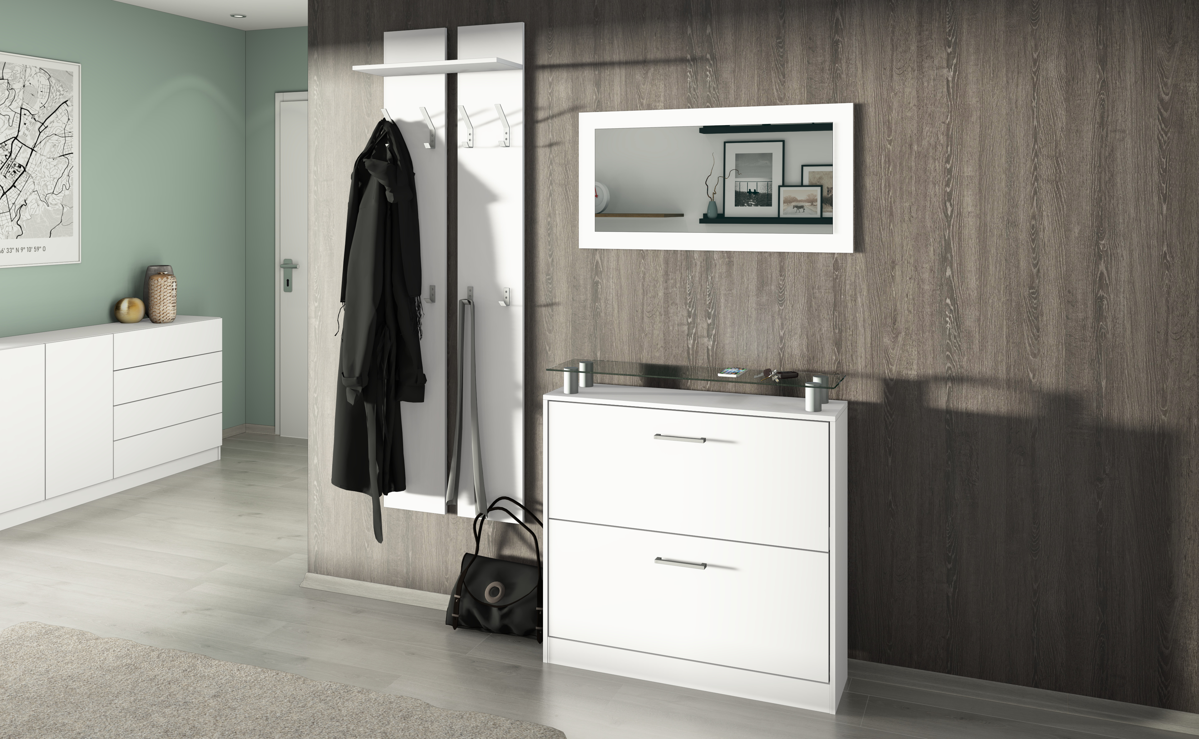 Garderobenset mit Schuhschrank, Paneel, Spiegel in Weiß matt