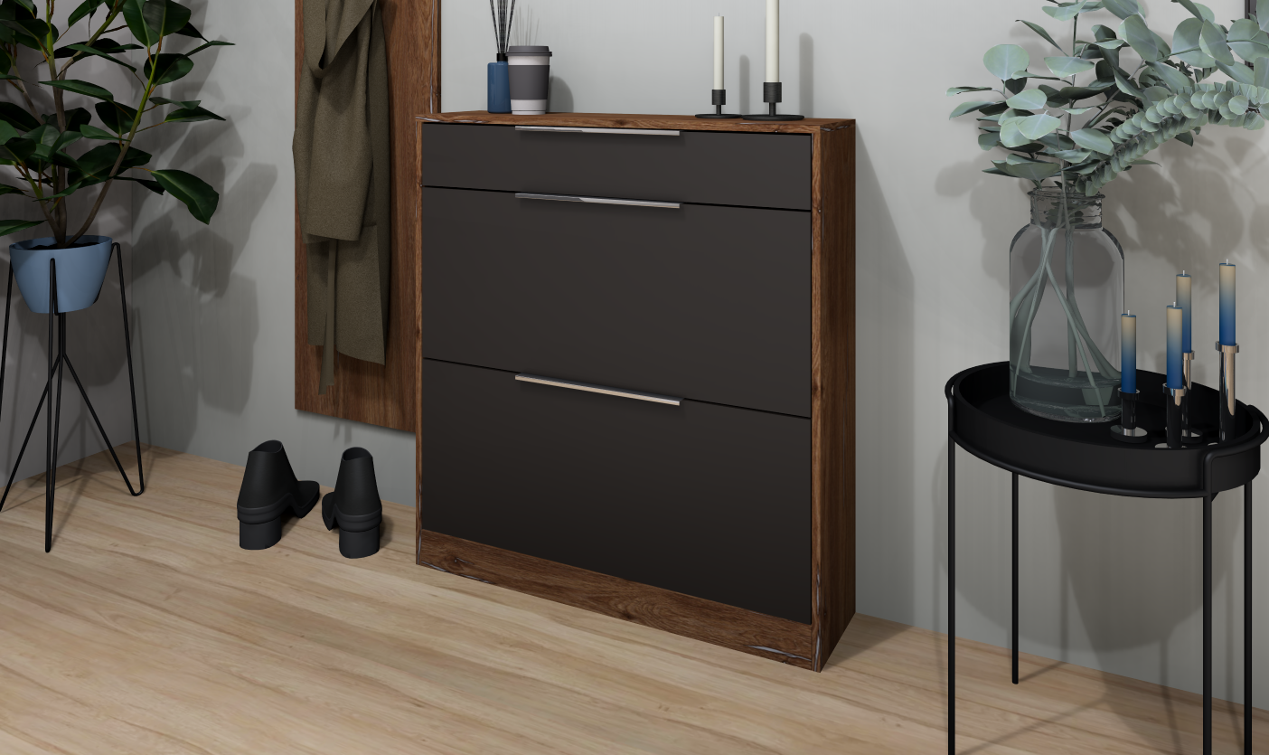 Schuhschrank Oliva mit 2 Klappen und Schubkasten in Eiche Vintage-Graphit matt