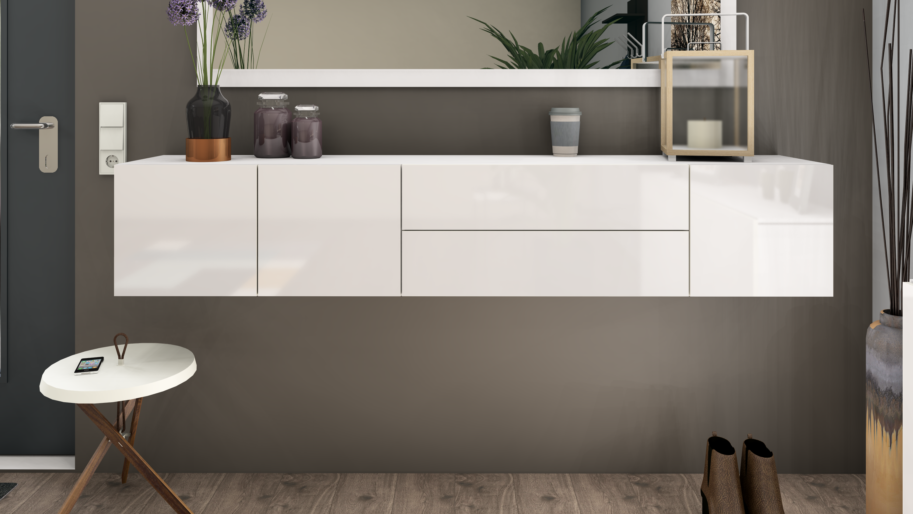 Lowboard Weiß Hochglanz Sophia 190 cm Hängeschrank