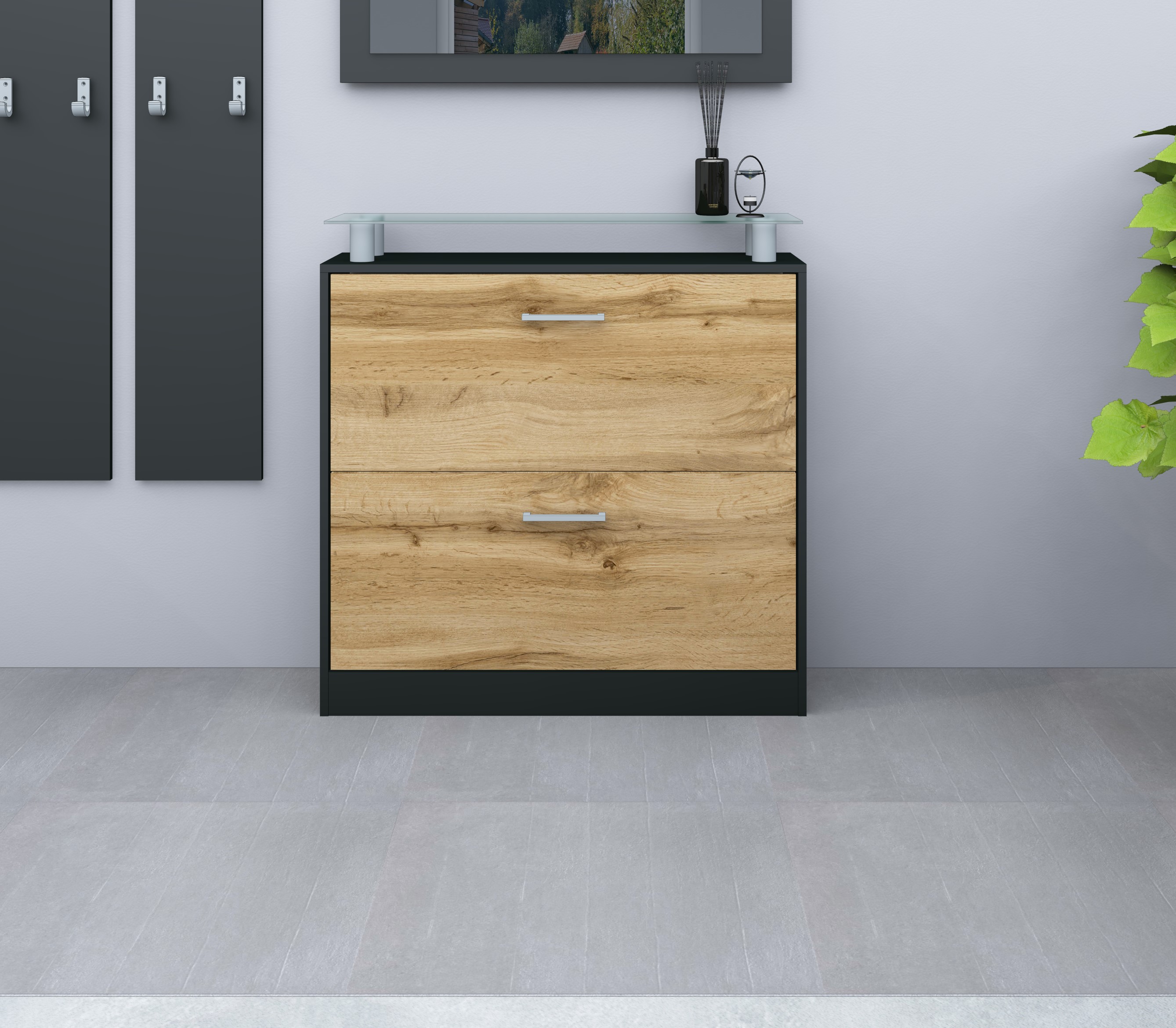 Schuhschrank schwarz eiche wotan mit 2 Klappen "Finn"