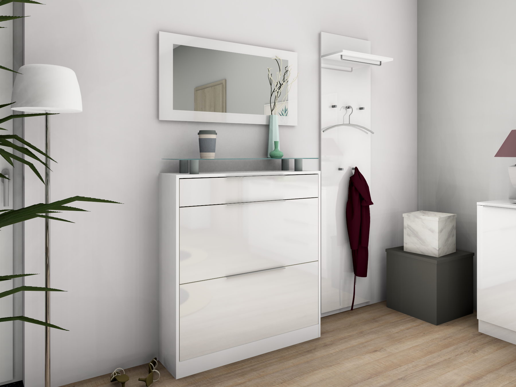 Schuhschrank im Set mit Spiegel und Paneel "Oliva" Weiß Hochglanz
