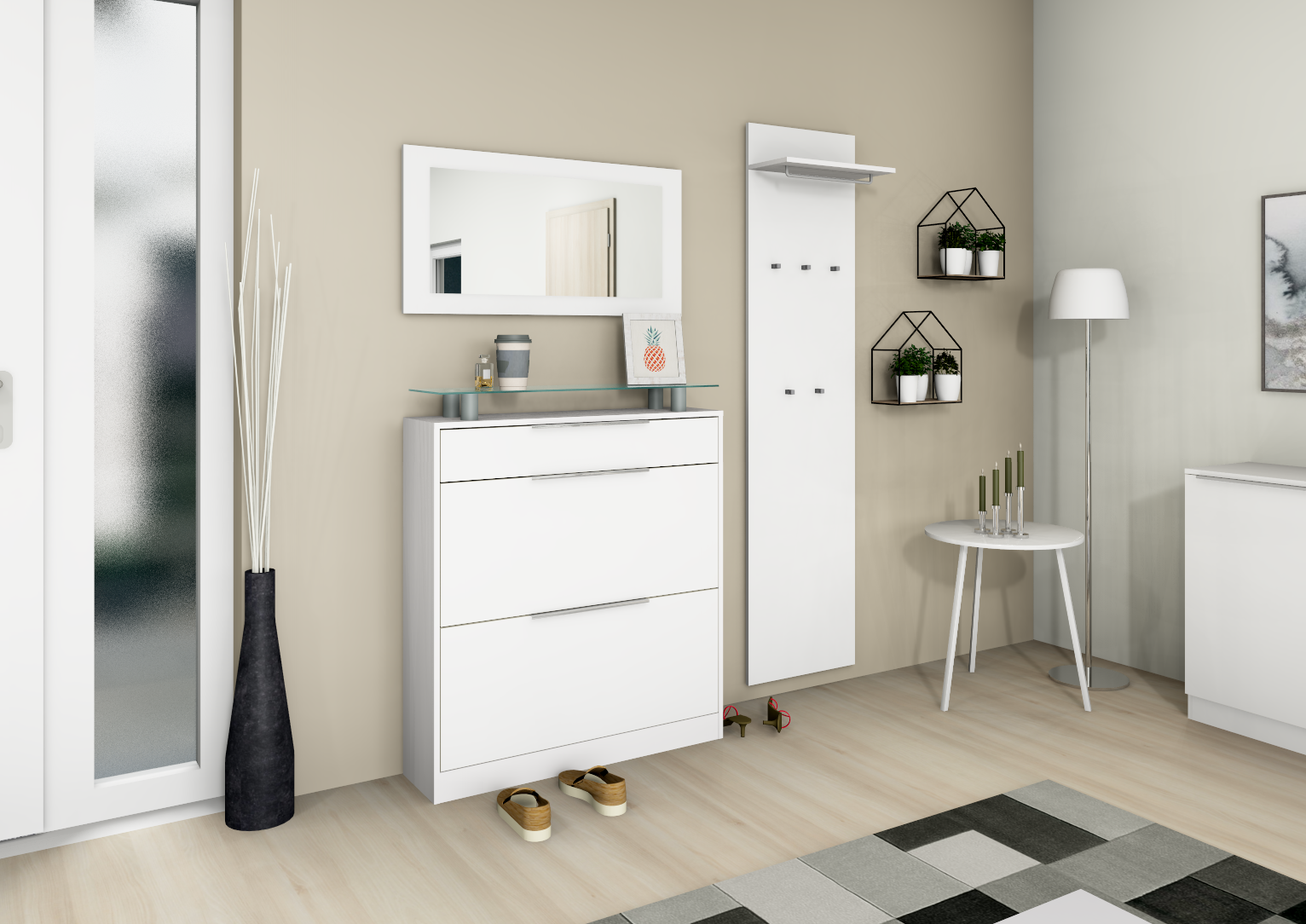 113110110_3 Garderobenpaneel Weiß Matt 160 cm "Oliva" im Set mit Schuhschrank und Spiegel