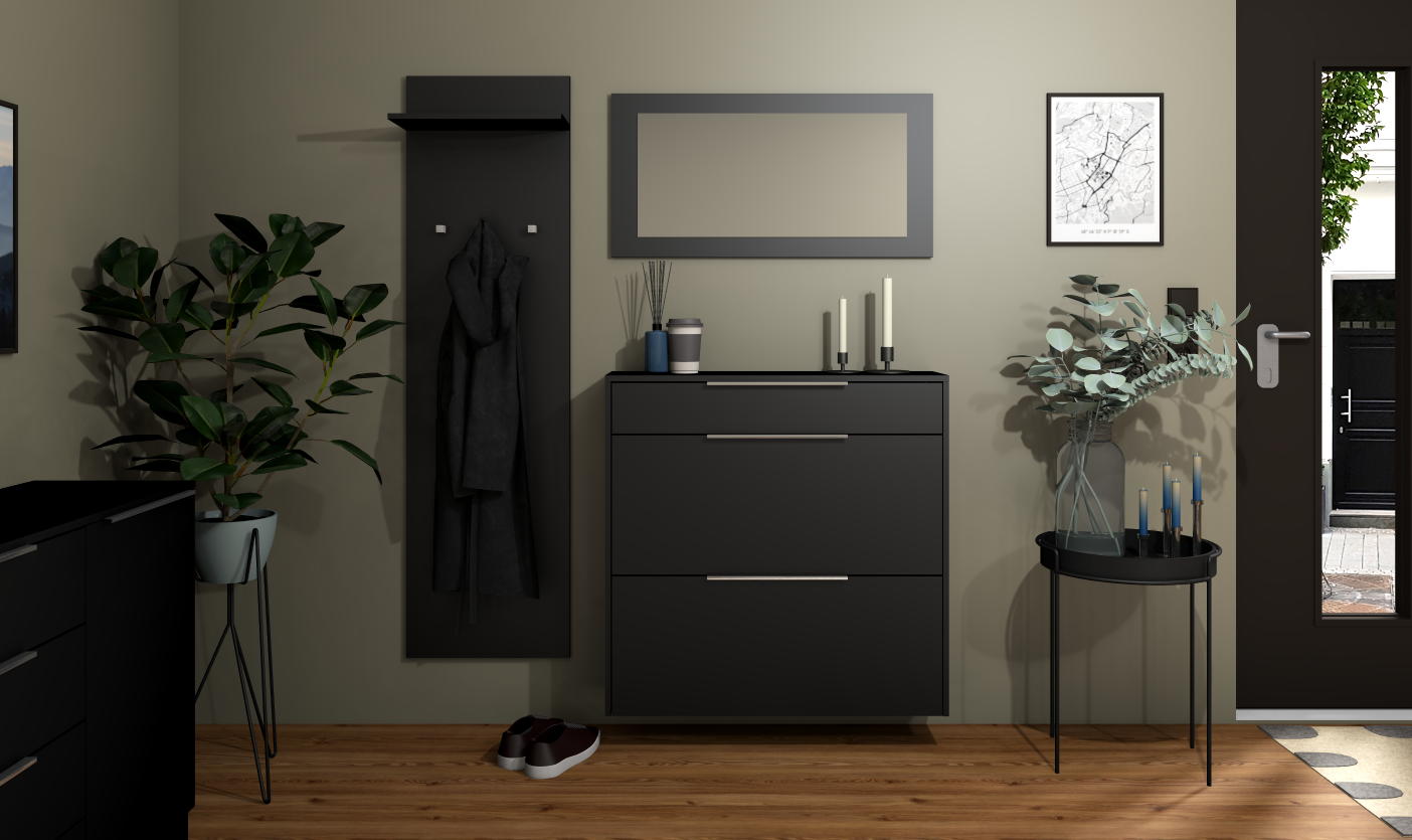Schuhschrank Oliva in Schwarz matt zum Hängen im Set mit Paneel und Spiegel