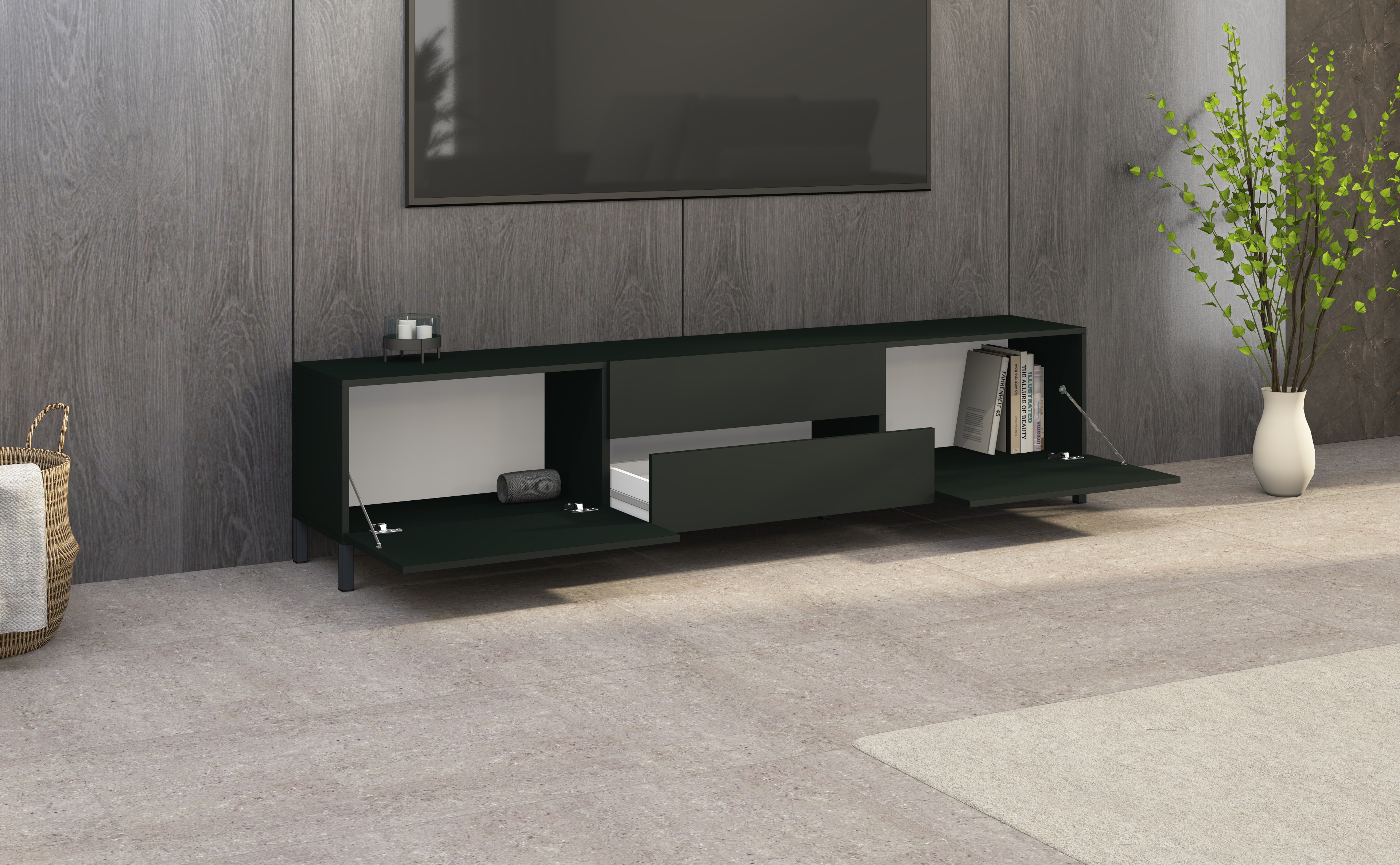 "Pori" Lowboard 200 cm mit Metallfüßen in Schwarz