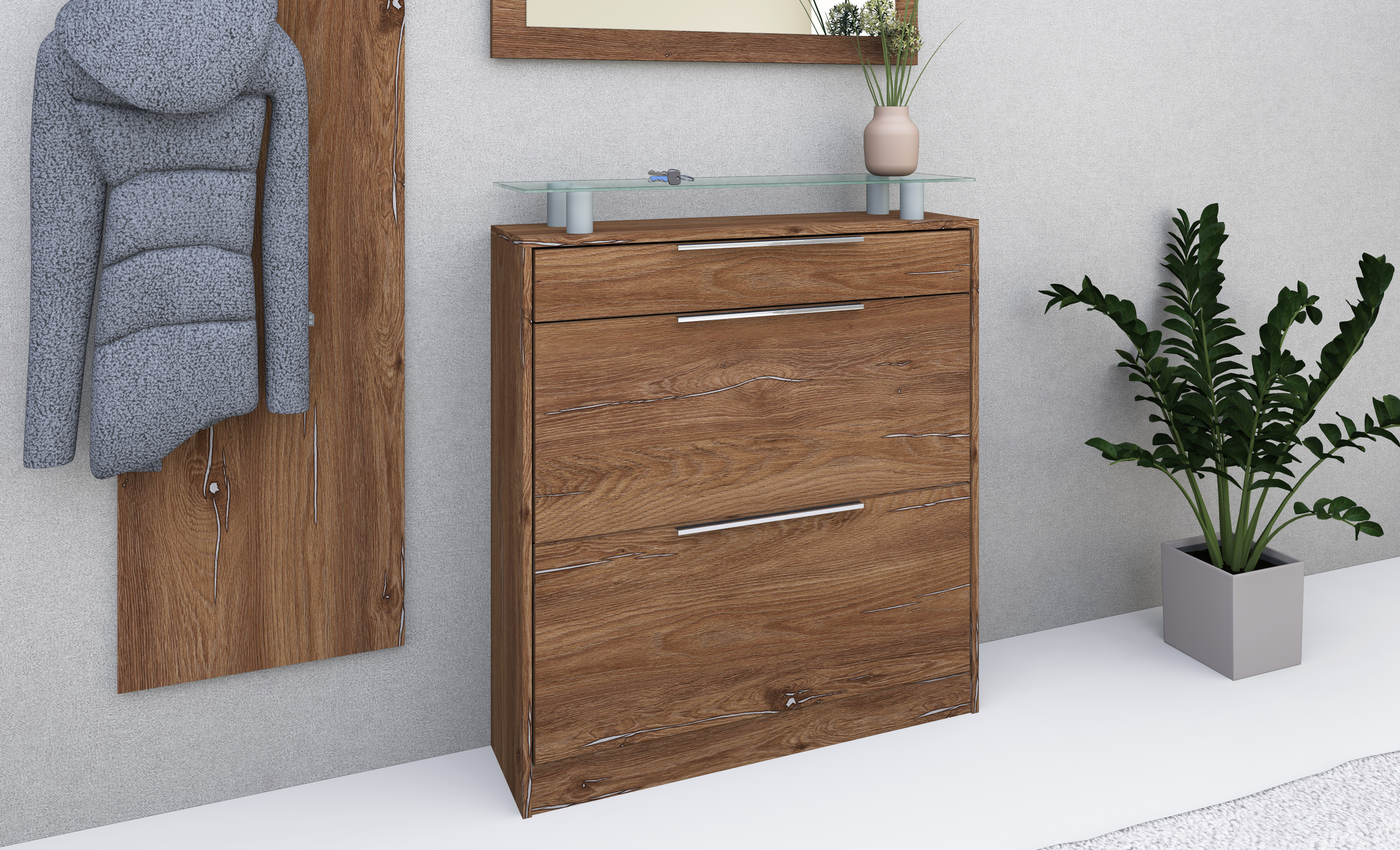 46998561_SCU_stehend_vintage-eiche_3 Schuhschrank Oliva mit Glasablage und Metallgriffen in Eiche Vintage