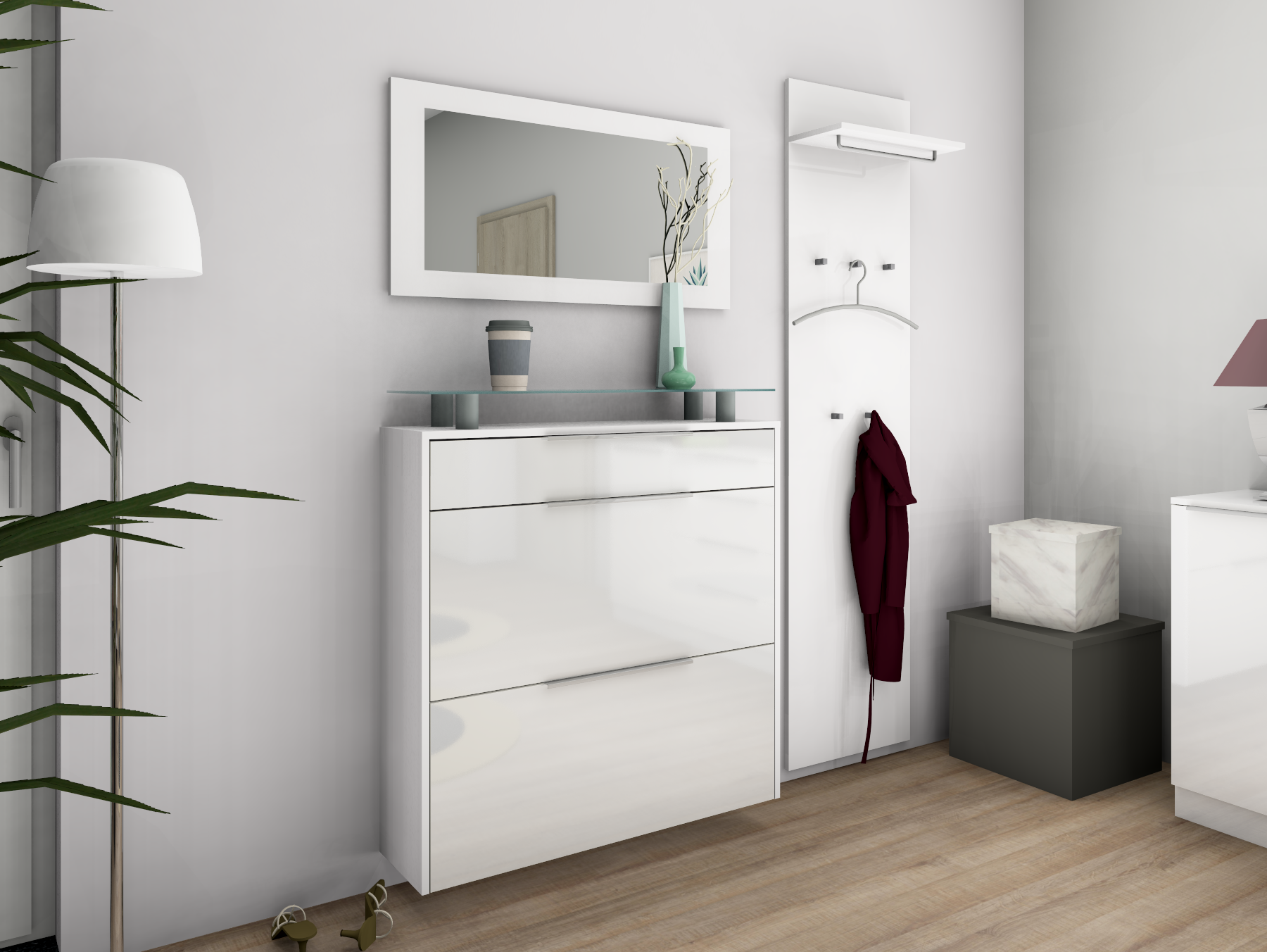 Schuhschrank im Set mit Spiegel und Paneel "Oliva" Weiß Hochglanz