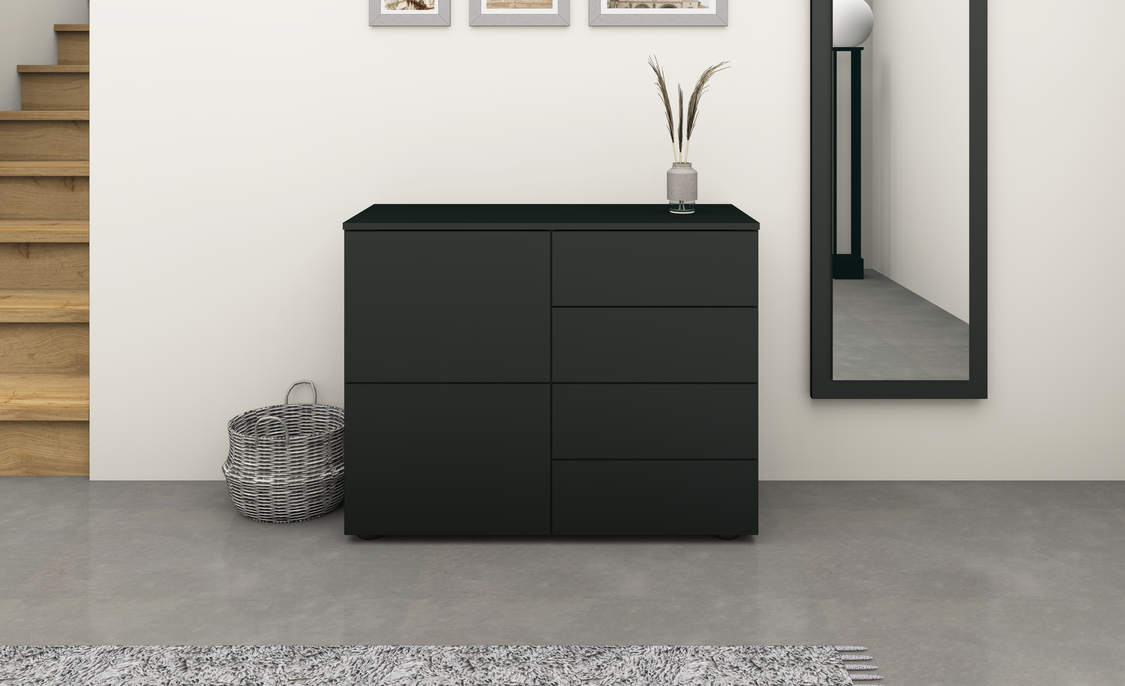 Kommode "Rova" 2 Türen, 4 Schubkästen, schwarz 