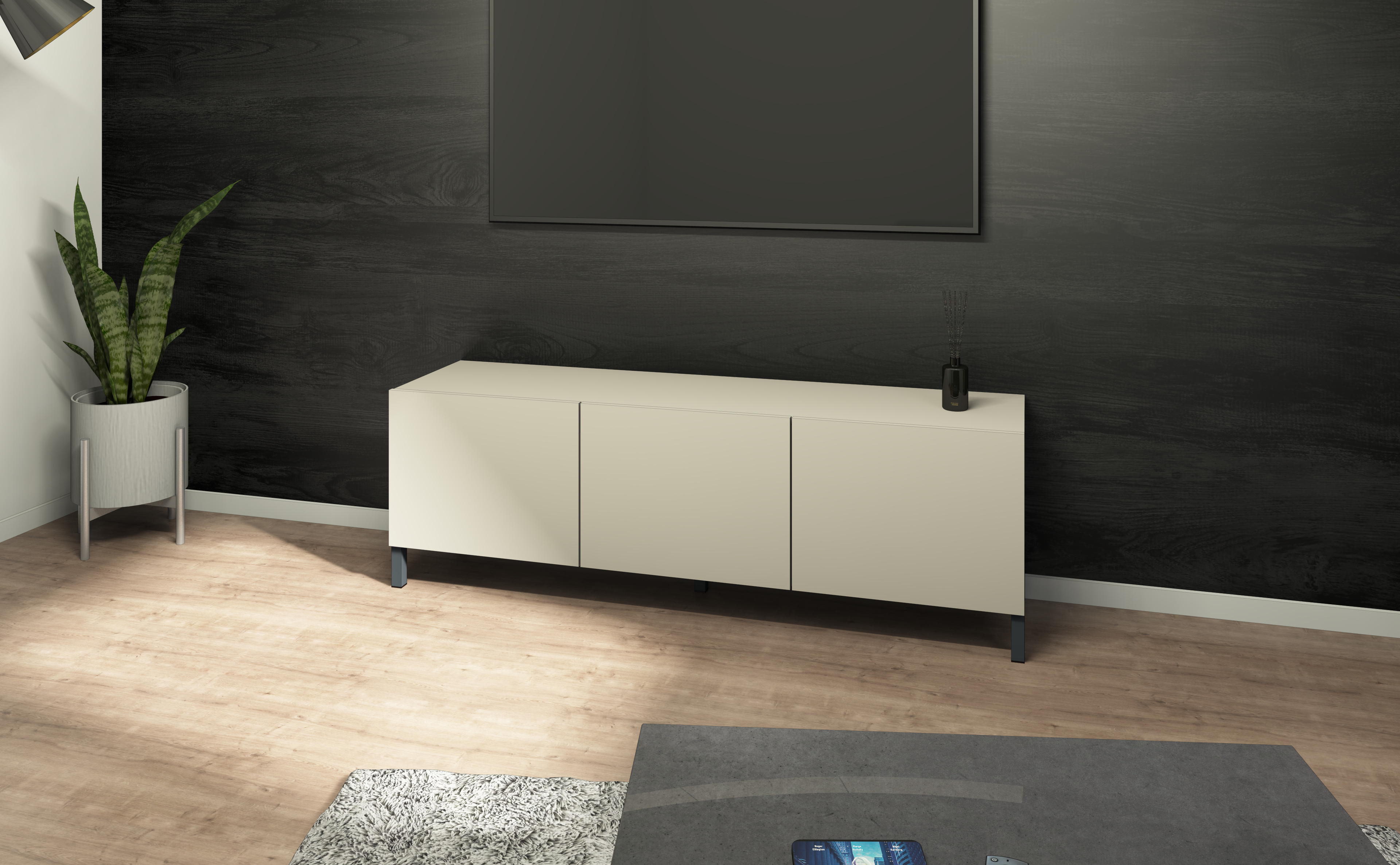 Lowboard Pori 139 cm Kaschmir-Dekor, 3 Türen, Metallfüße