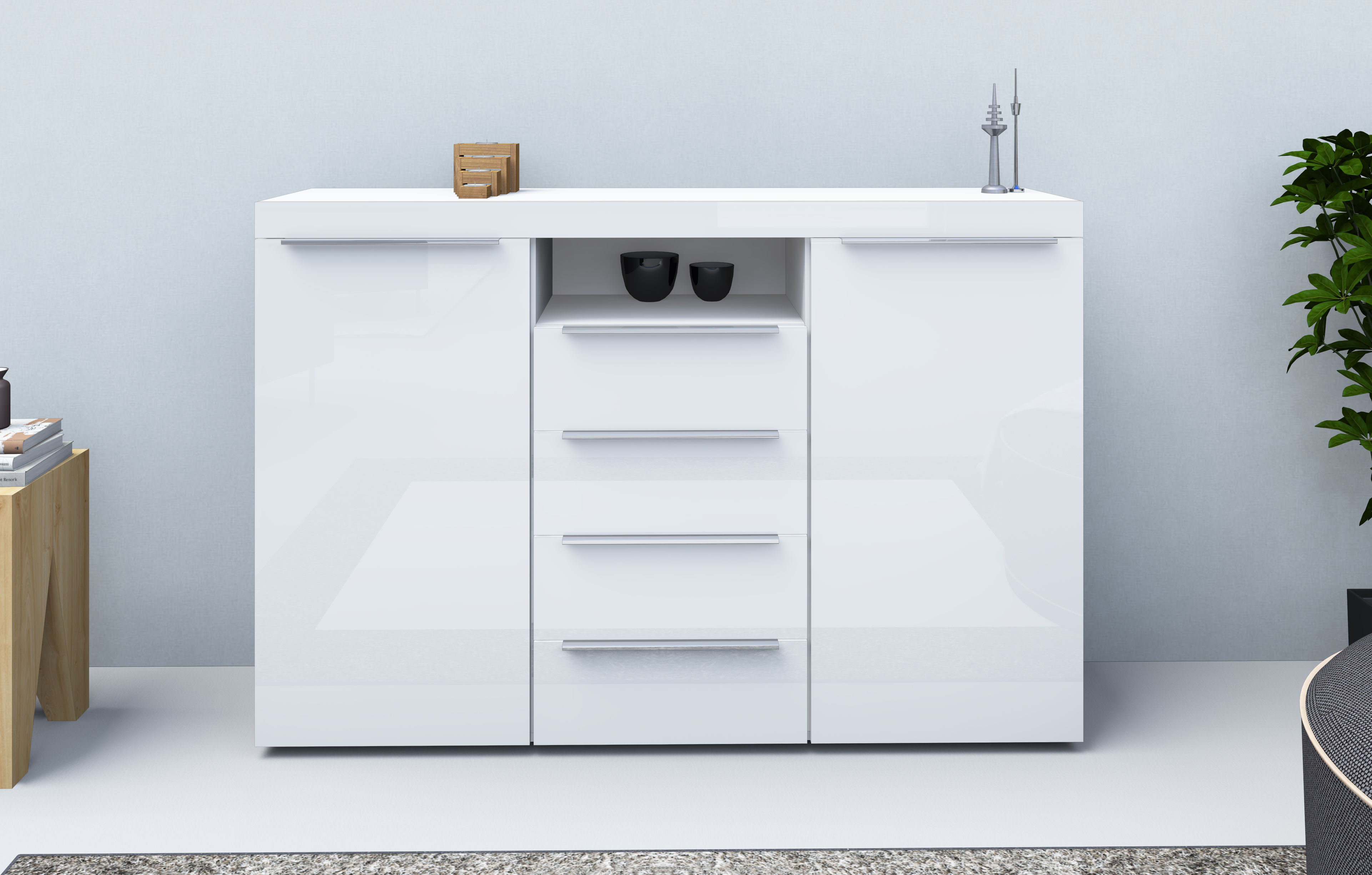 26684426_HB-139-weiss-gl-nzend-4 Highboard Weiß Hochglanz "Durban" 139 cm