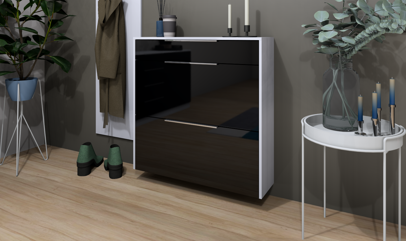 Garderobenset Oliva Basic mit Schuhschrank, Paneel und Spiegel in weiß-schwarz glänzend