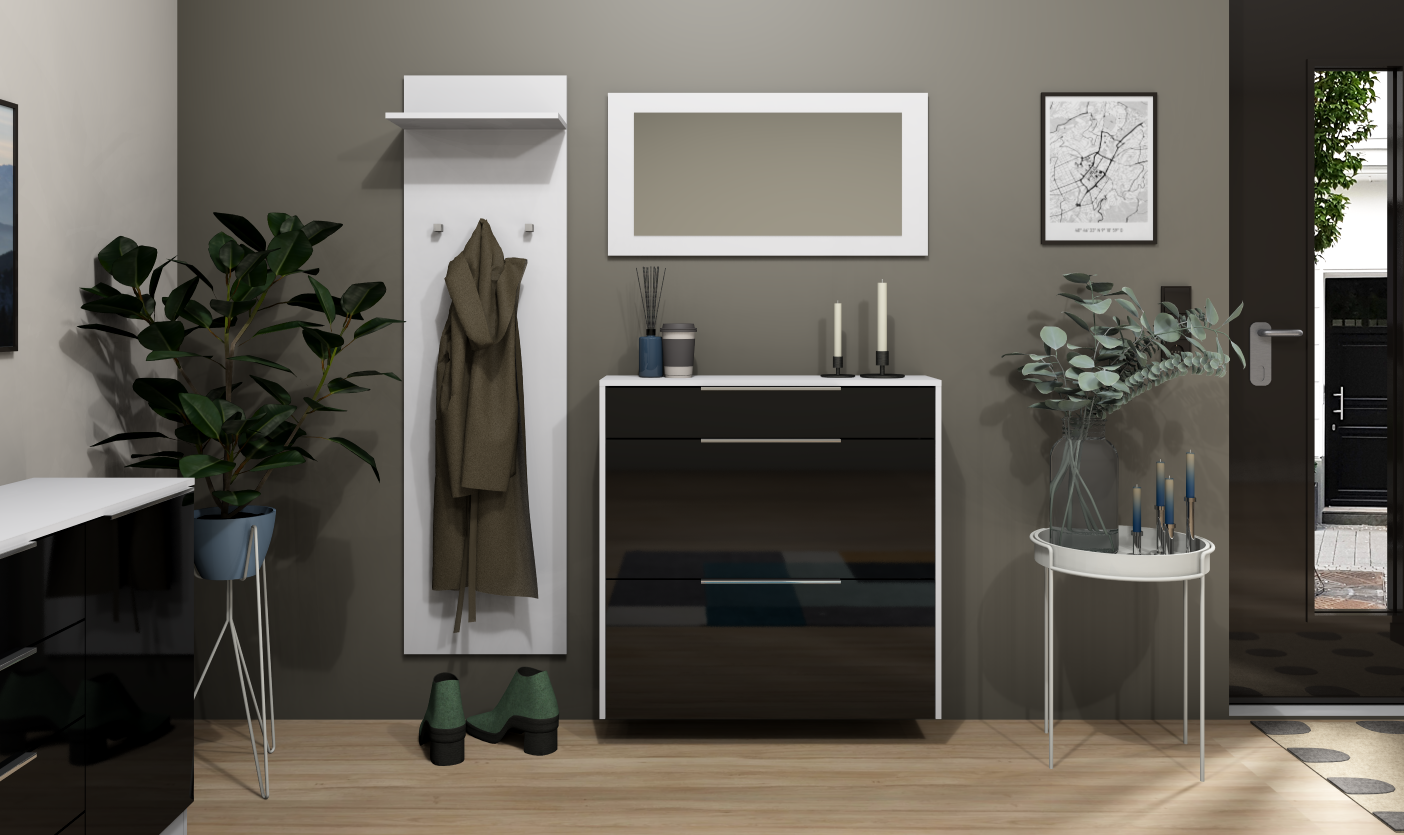 Garderobenset Oliva Basic mit Schuhschrank, Paneel und Spiegel in weiß-schwarz glänzend