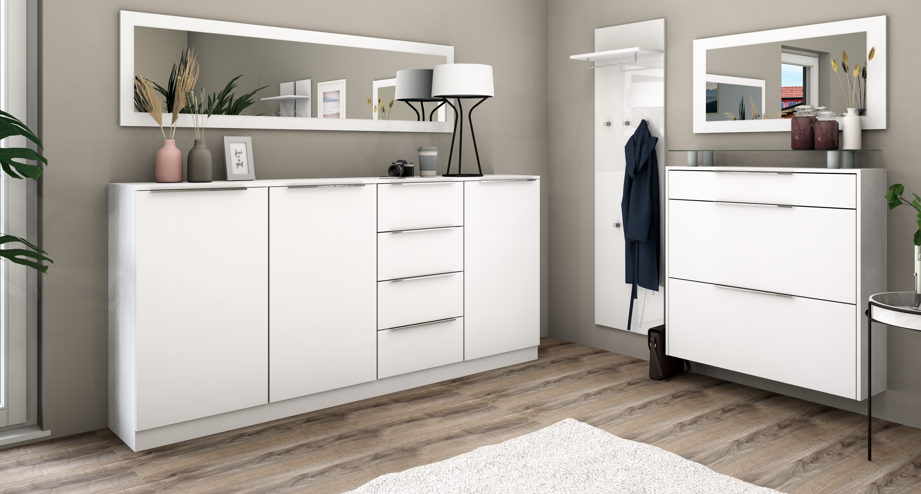 14396720_Oliva-HB-Weiss-matt_2 Highboard und Schuhschrank Weiß Matt "Oliva"