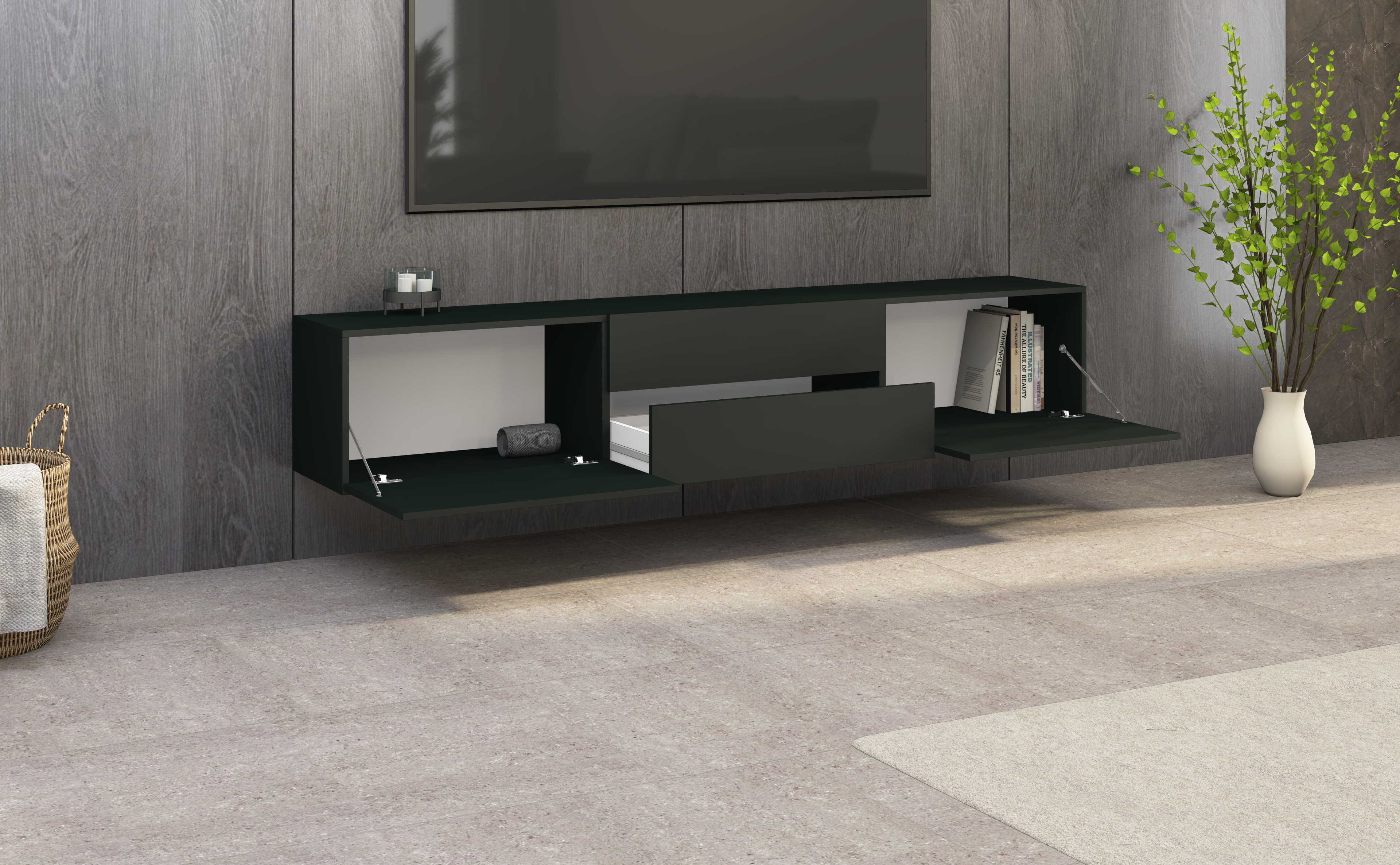 Lowboard Sophia 200 cm mit 2 Klappen und 2 Schubkästen in schwarz