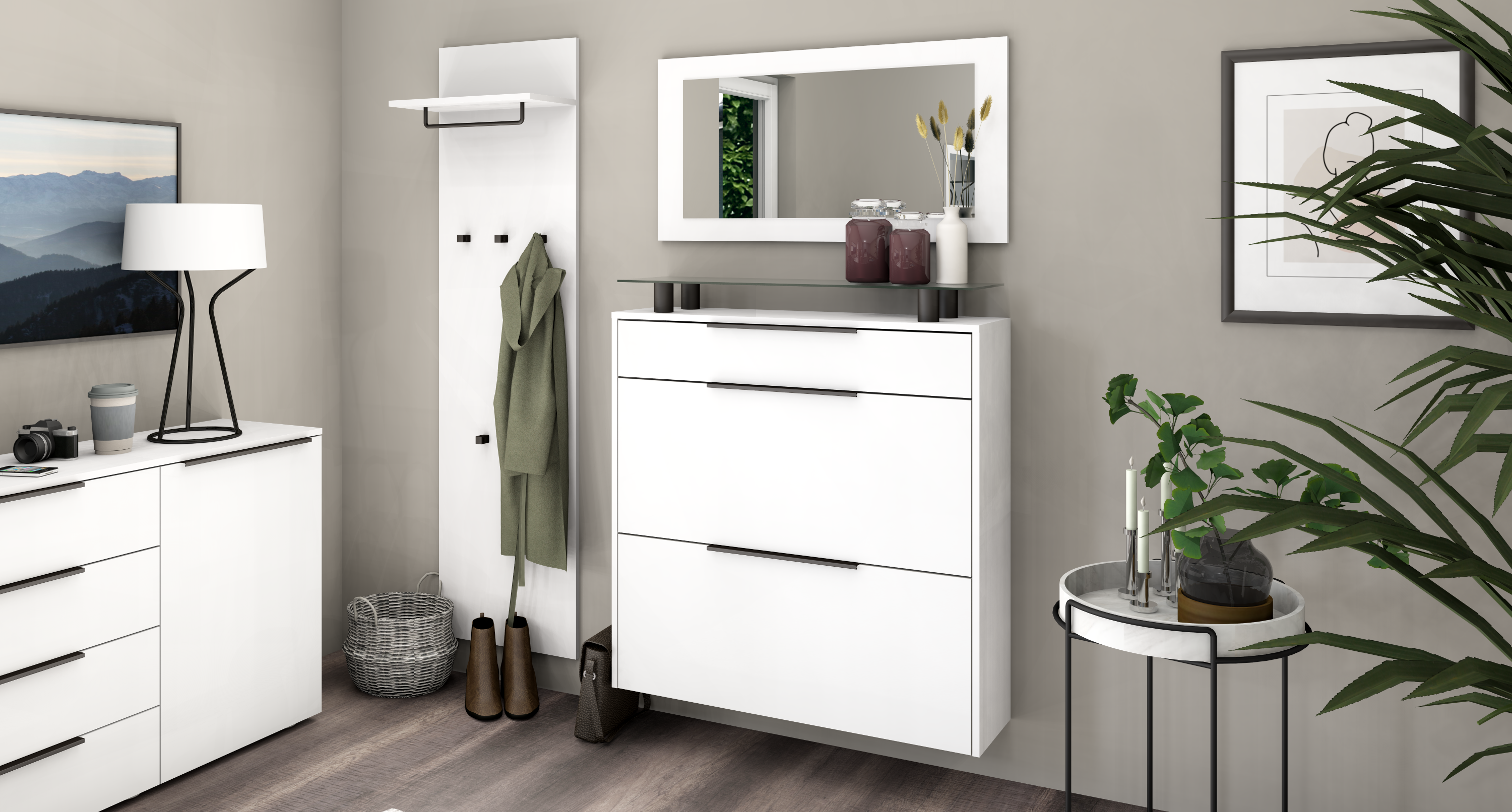 Schuhschrank mit Spiegel und Paneel "Tom" Weiß Matt