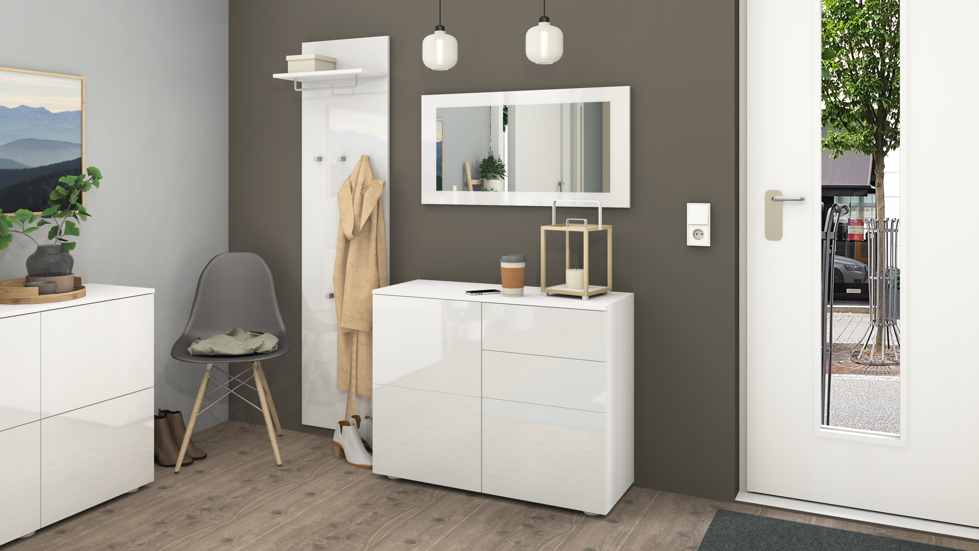 Garderobenset Weiß Hochglanz "Rova" 3-teilig mit Kommode, Spiegel, Paneel