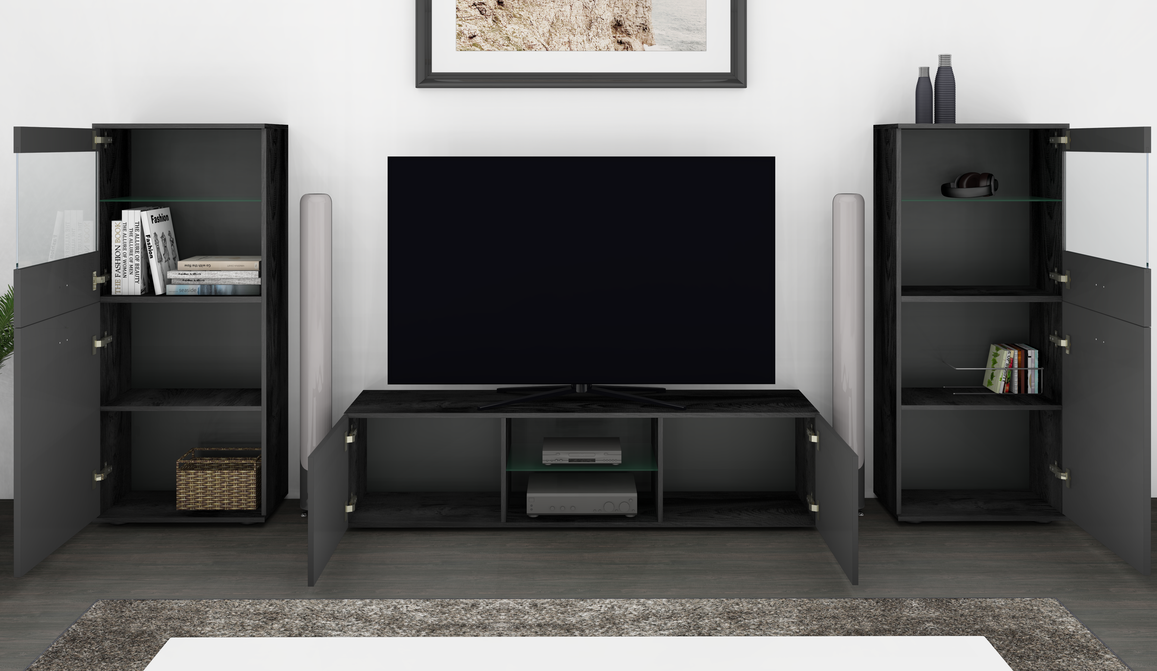 33248966_Scala-TV-Wand-schwarz-graphit-hg-4 TV-Wand Schwarz "Scala" mit Lowboard und Vitrinen geöffnet