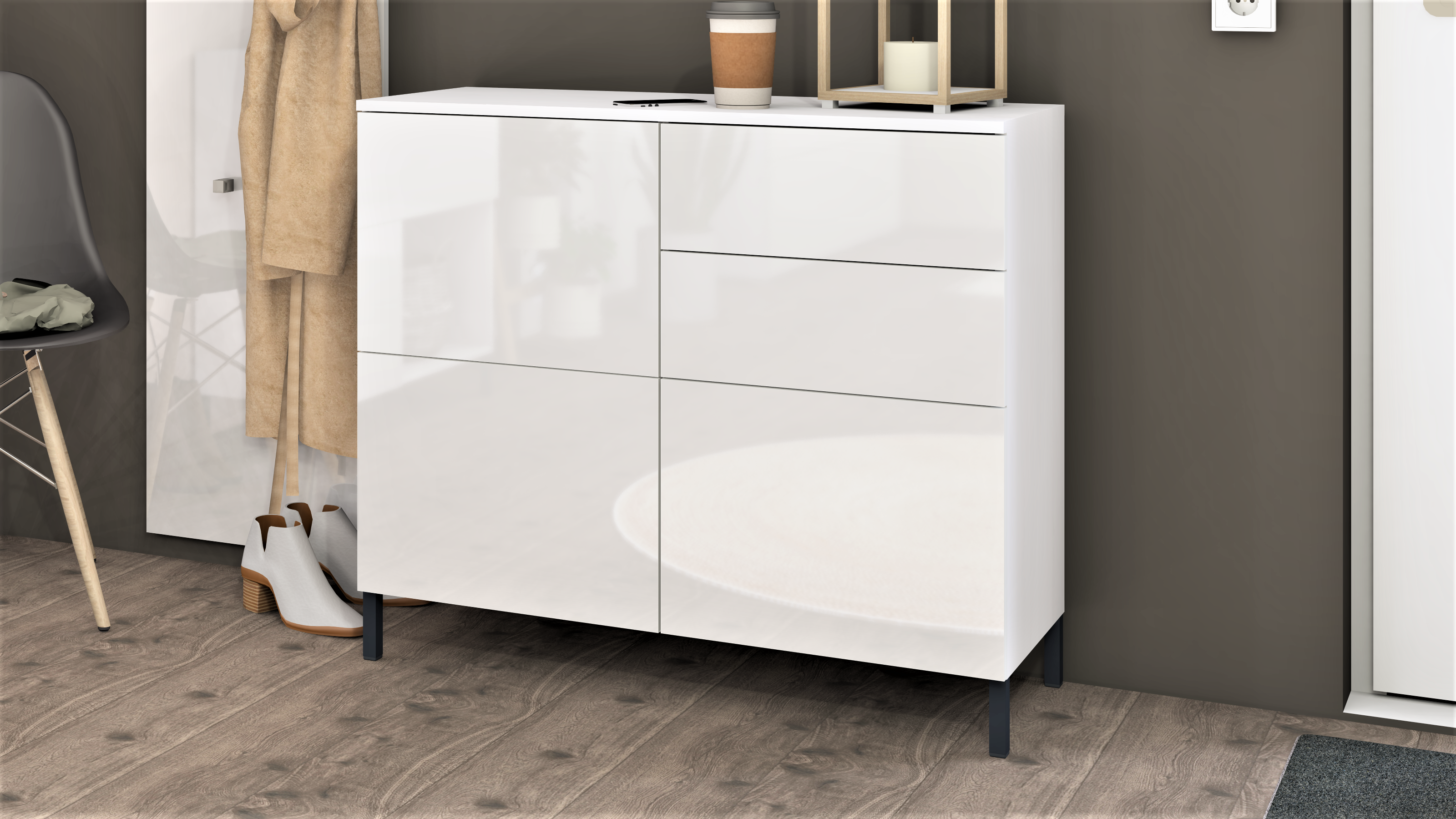 Kommode Weiß Hochglanz "Haama" mit Metallfüßen und Schubkästen