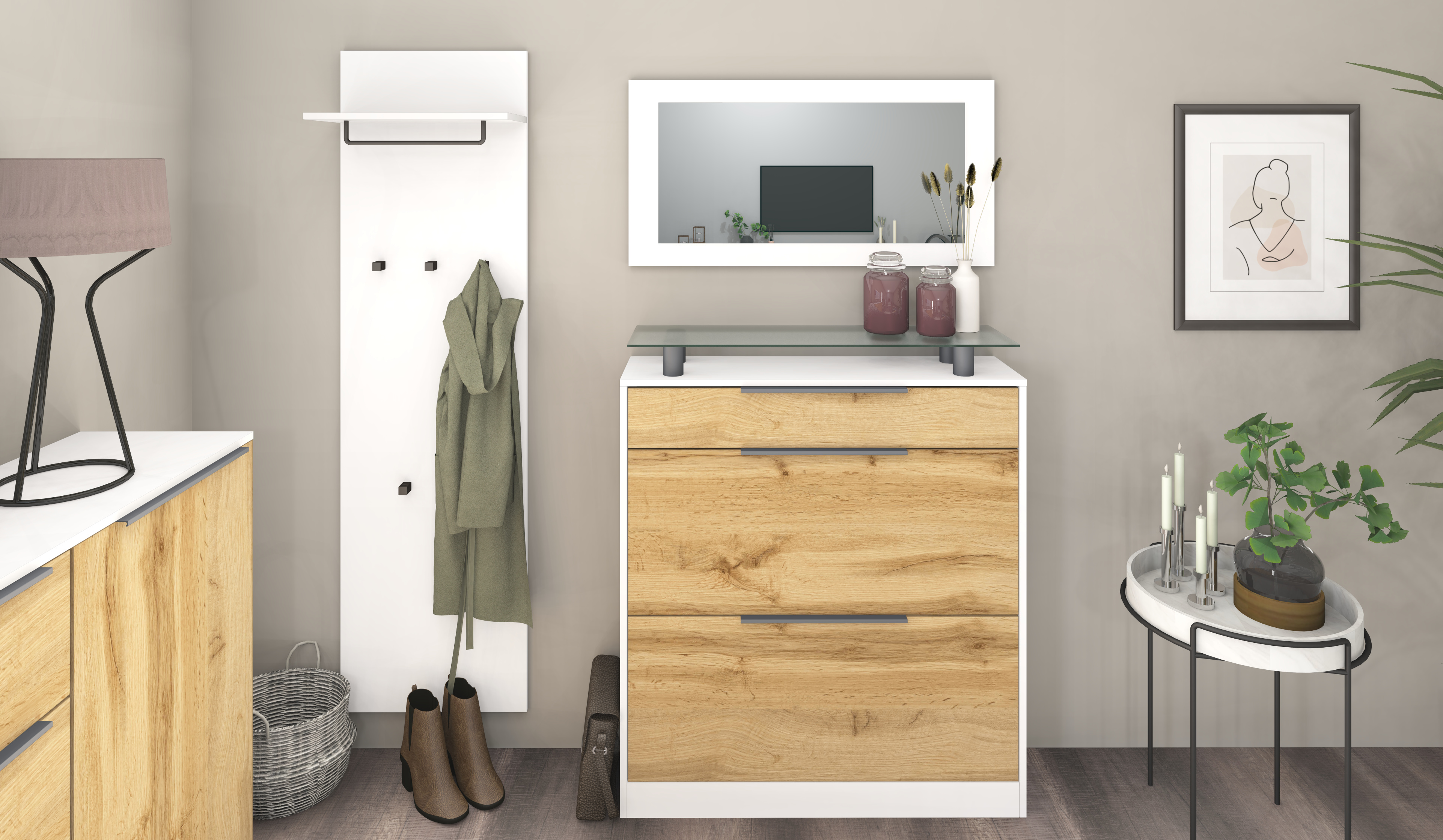 Schuhschrank mit Spiegel und Paneel "Tom" Weiß - Eiche