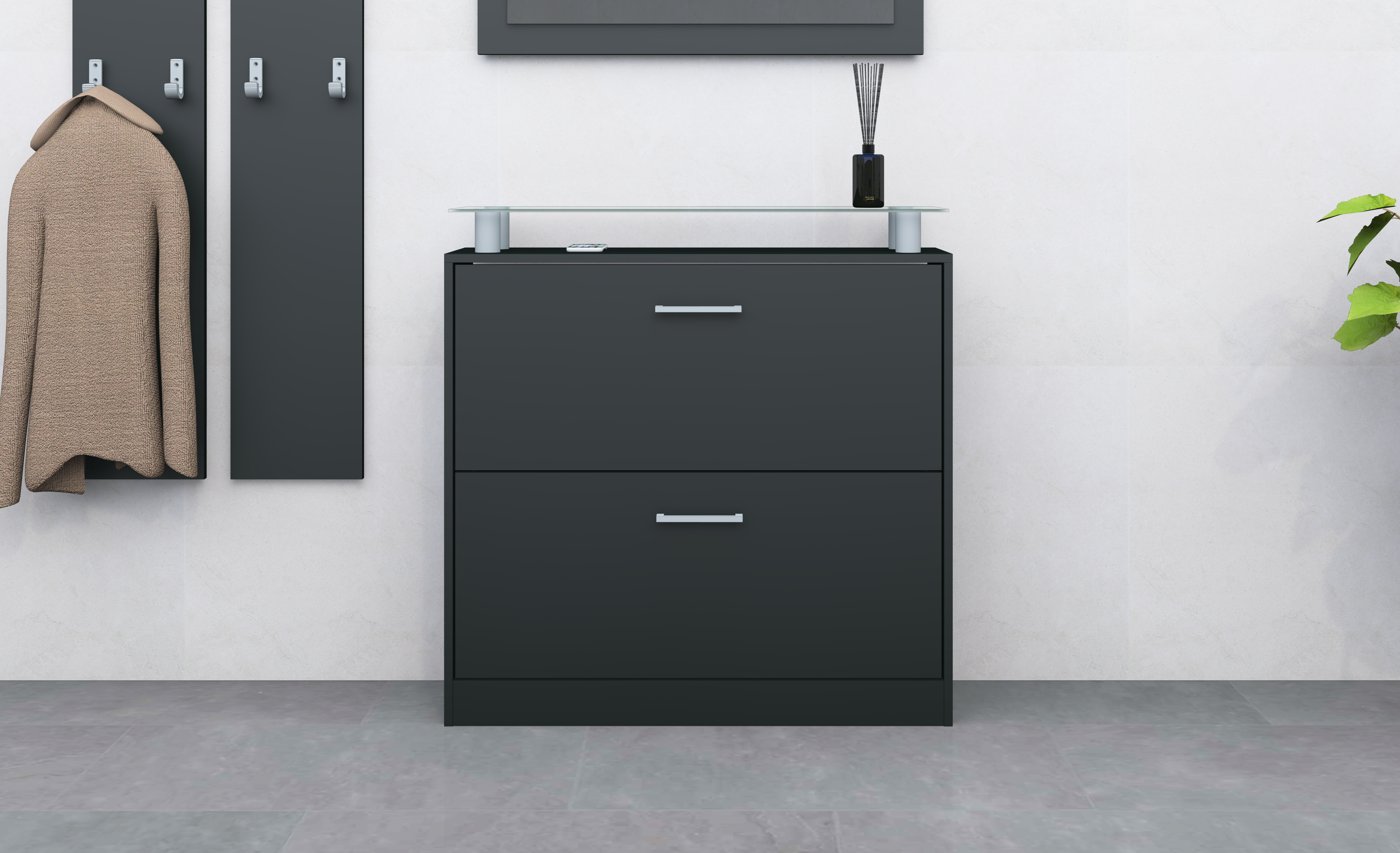 51325717_SCU_schwarz-matt_03 Schuhschrank schwarz mit 2 Klappen "Finn"