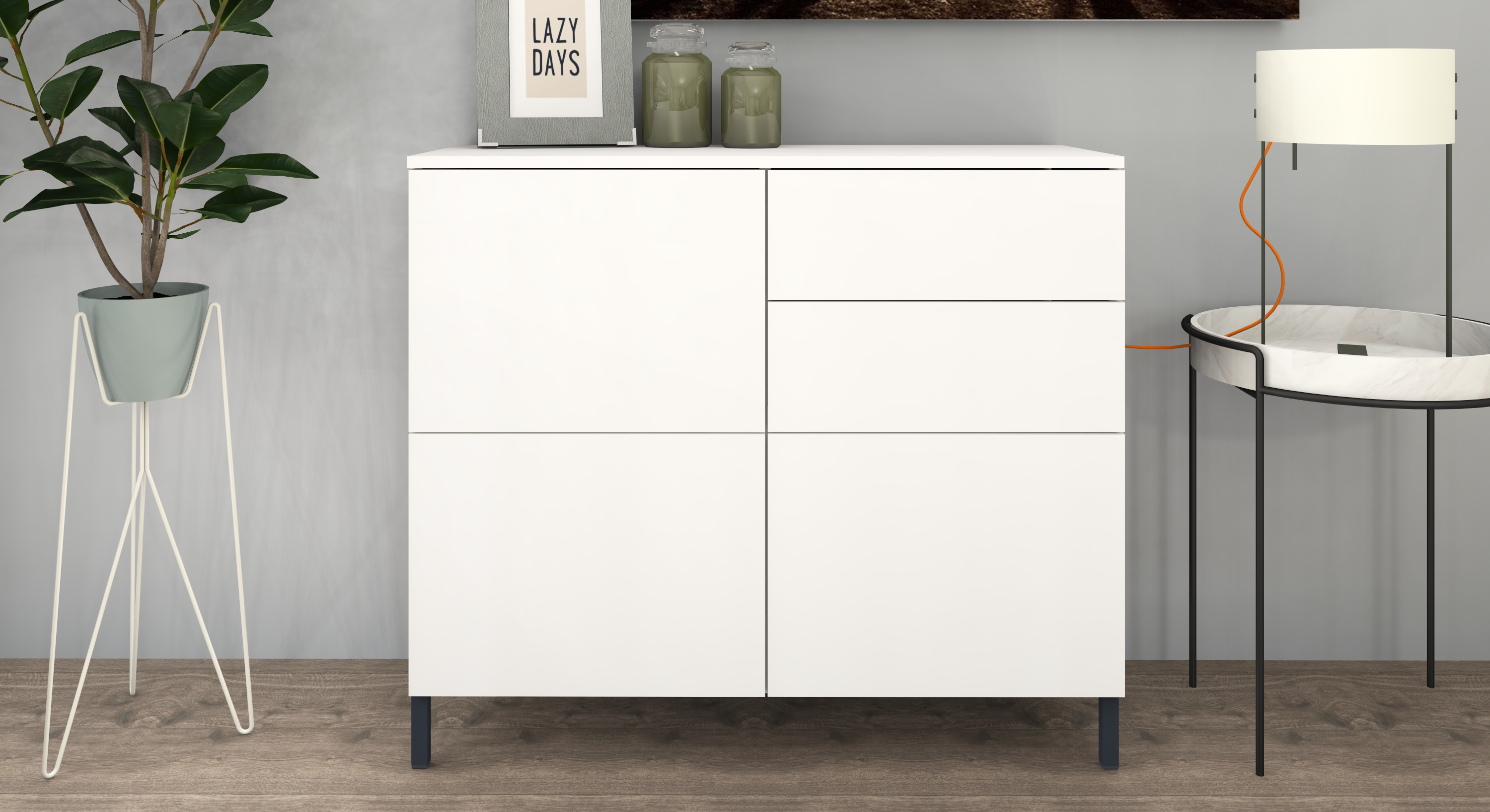 Kommode Weiß Matt "Haama" mit Metallfüßen und Schubkästen