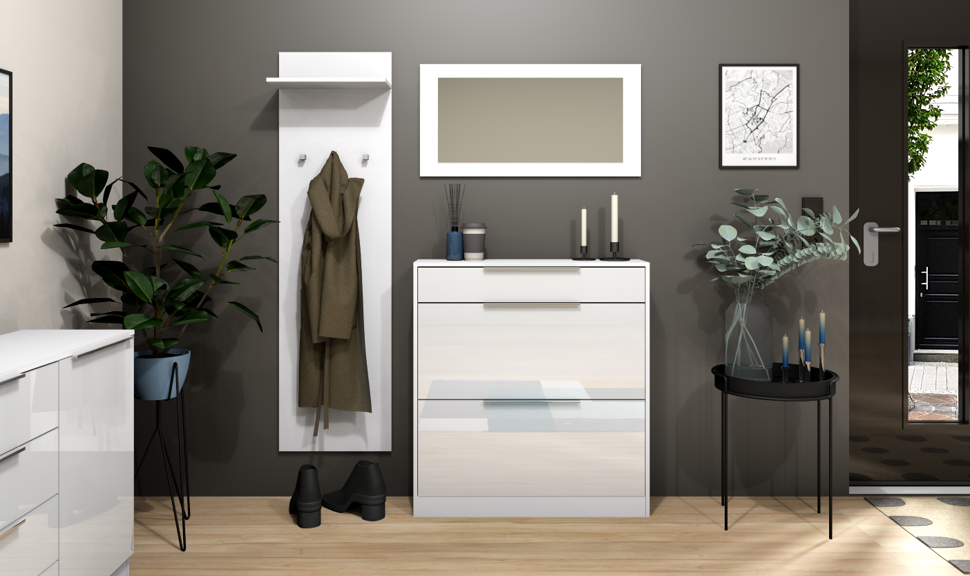 SCU_01-weiss-hg_1 Garderobenset Oliva Basic mit Schuhschrank, Paneel und Spiegel in weiß glänzend