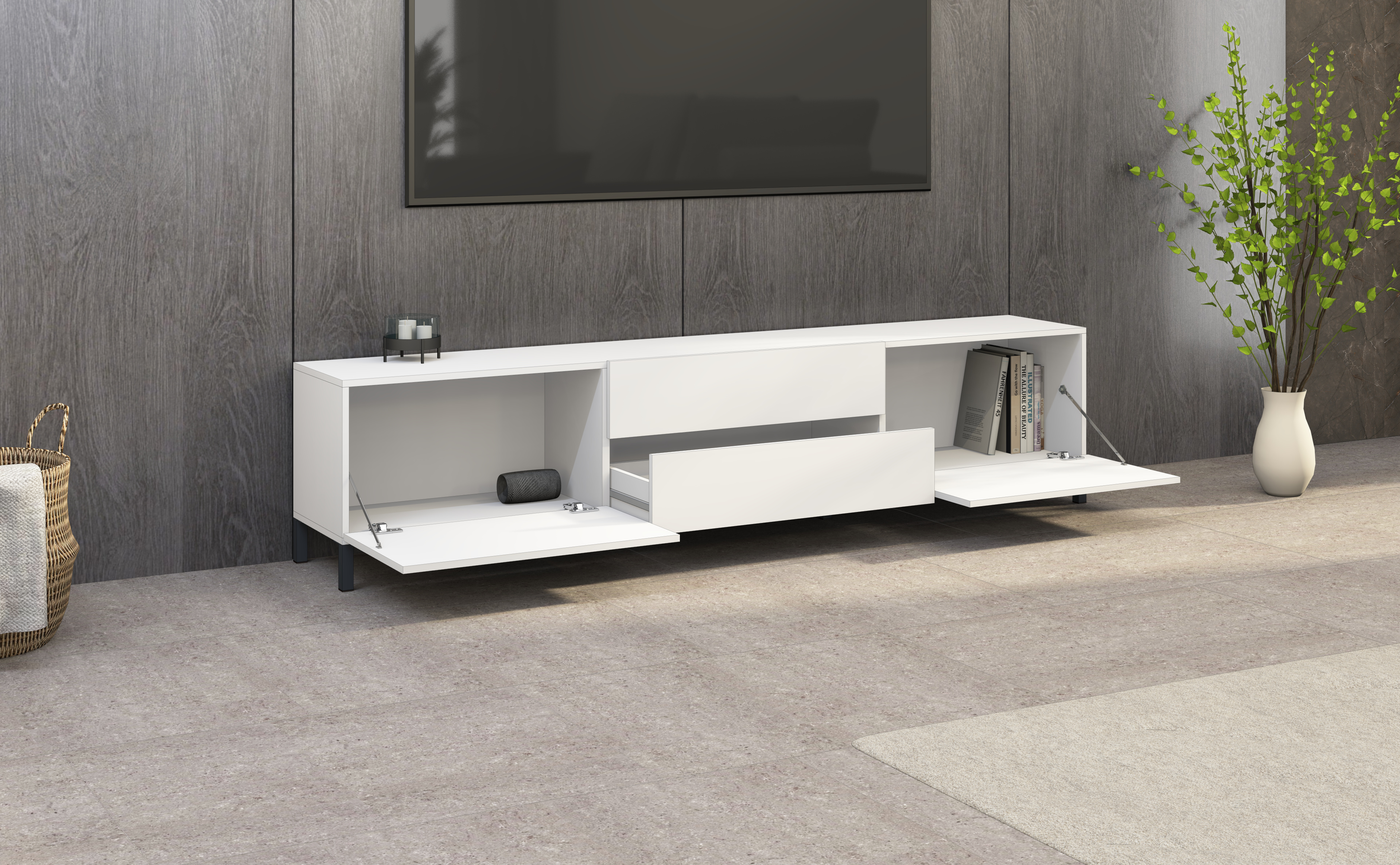 "Pori" Lowboard 200 cm mit Metallfüßen in Weiß matt