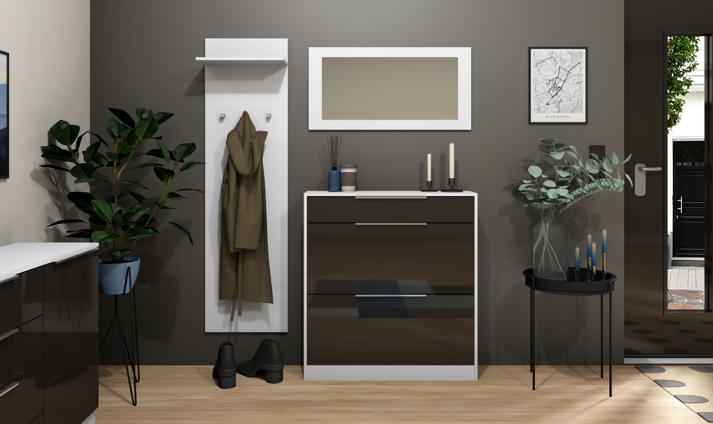 Garderobenset Oliva Basic mit Schuhschrank, Paneel und Spiegel in weiß-graphit glänzend