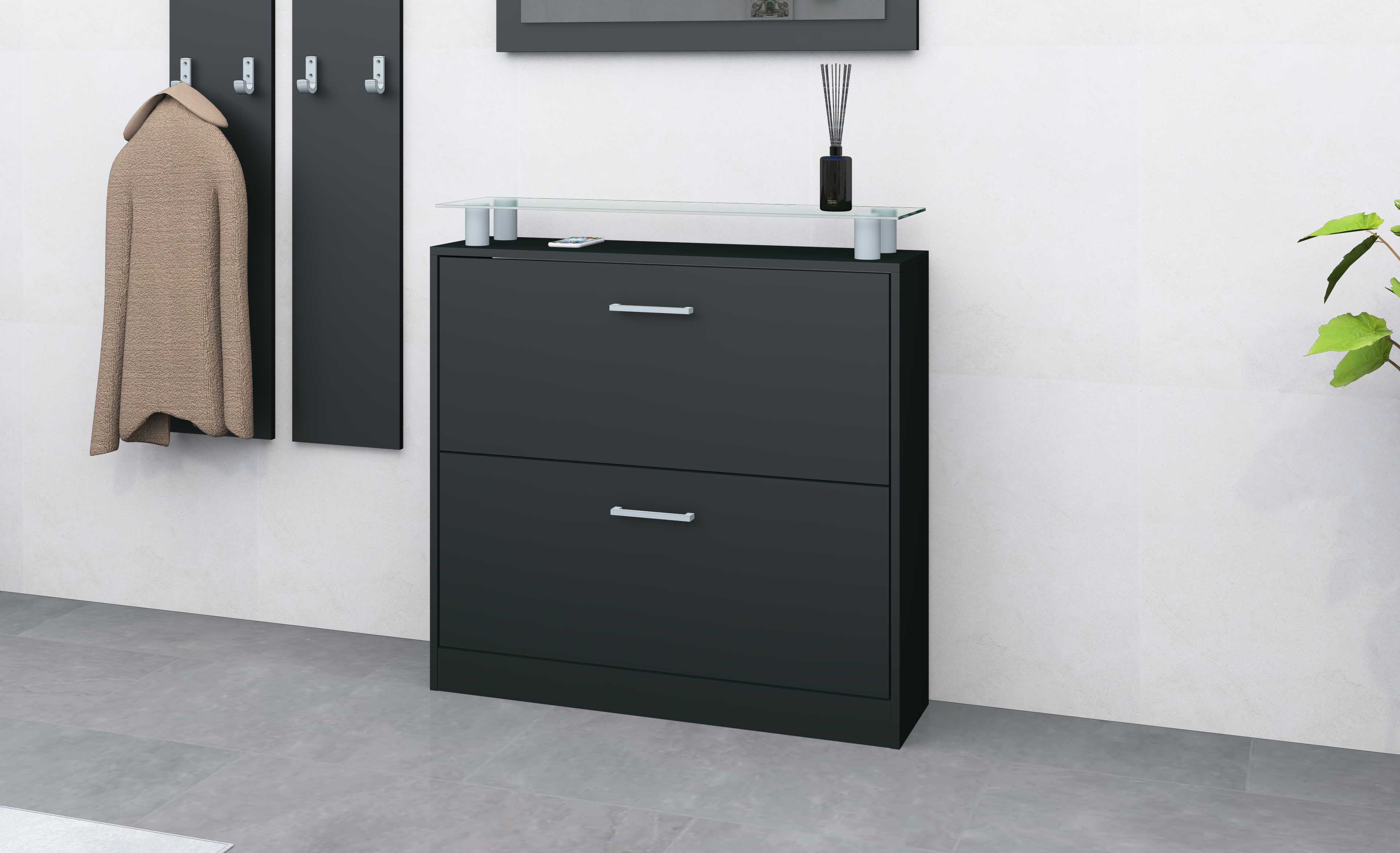 51325717_SCU_schwarz-matt_02 Schuhschrank schwarz mit 2 Klappen "Finn"