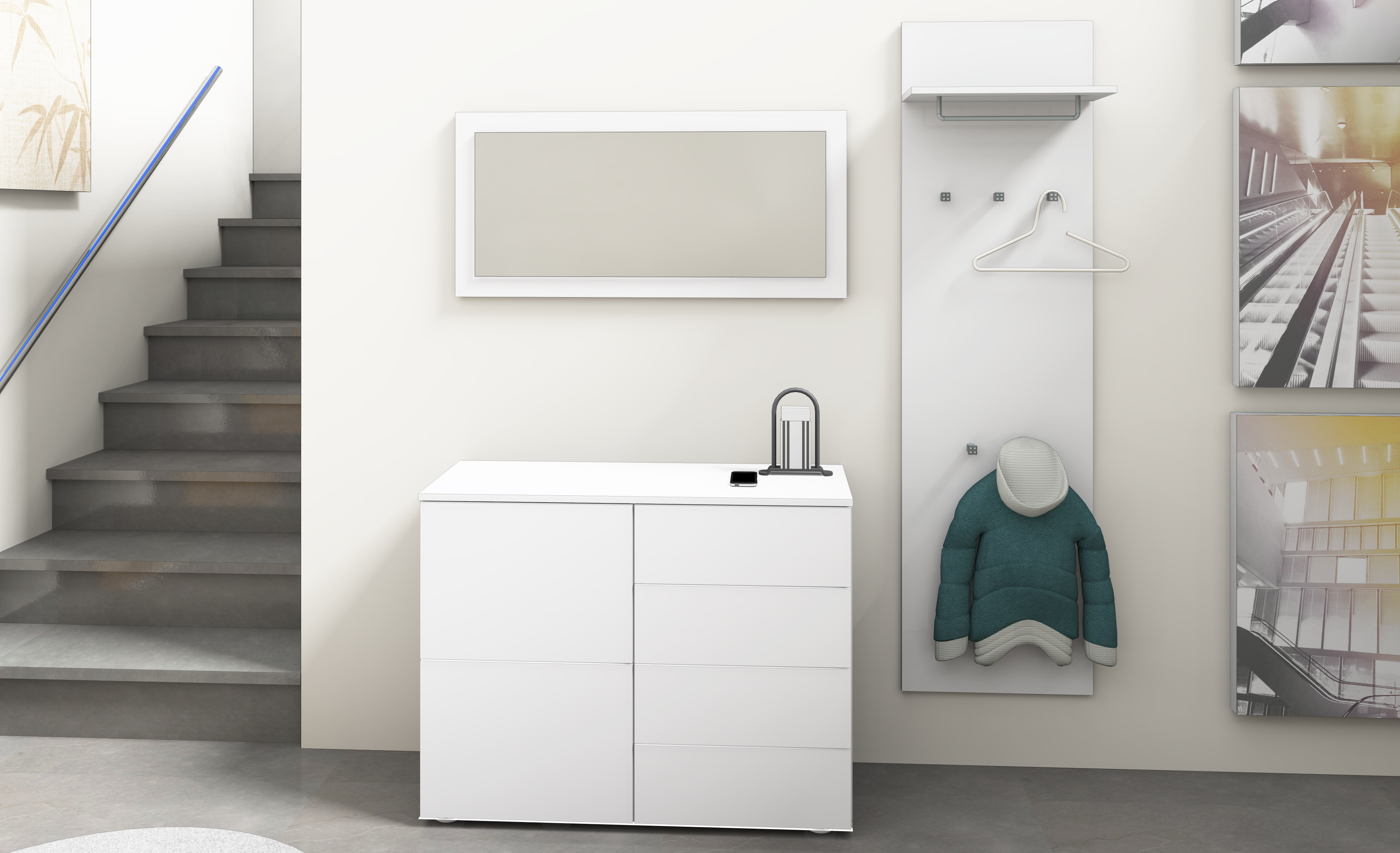 Garderobe "Rova" 3-teilig mit Kommode, Spiegel, Paneel in weiß matt