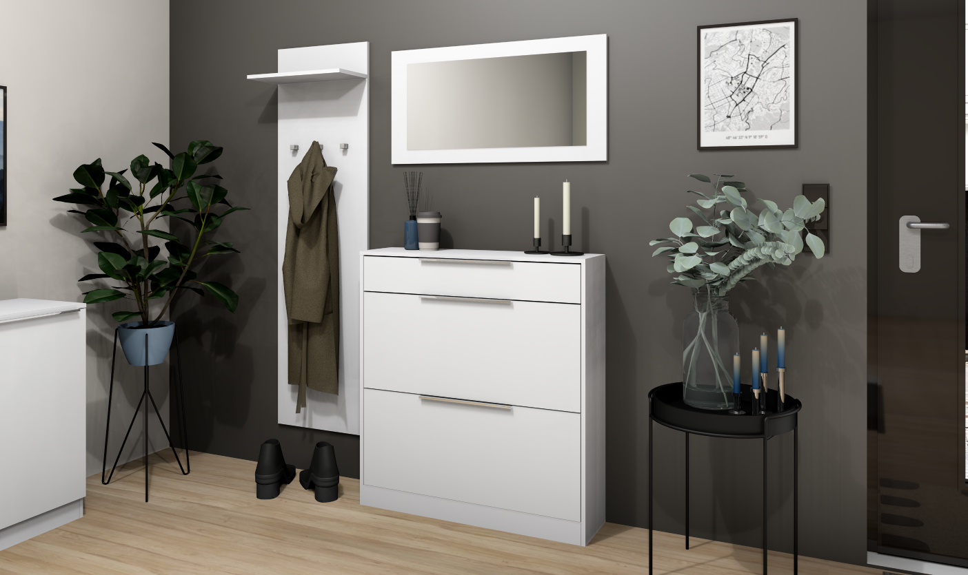 SCU_01-weiss-matt Garderobenset Oliva Basic mit Schuhschrank, Paneel und Spiegel in weiß matt