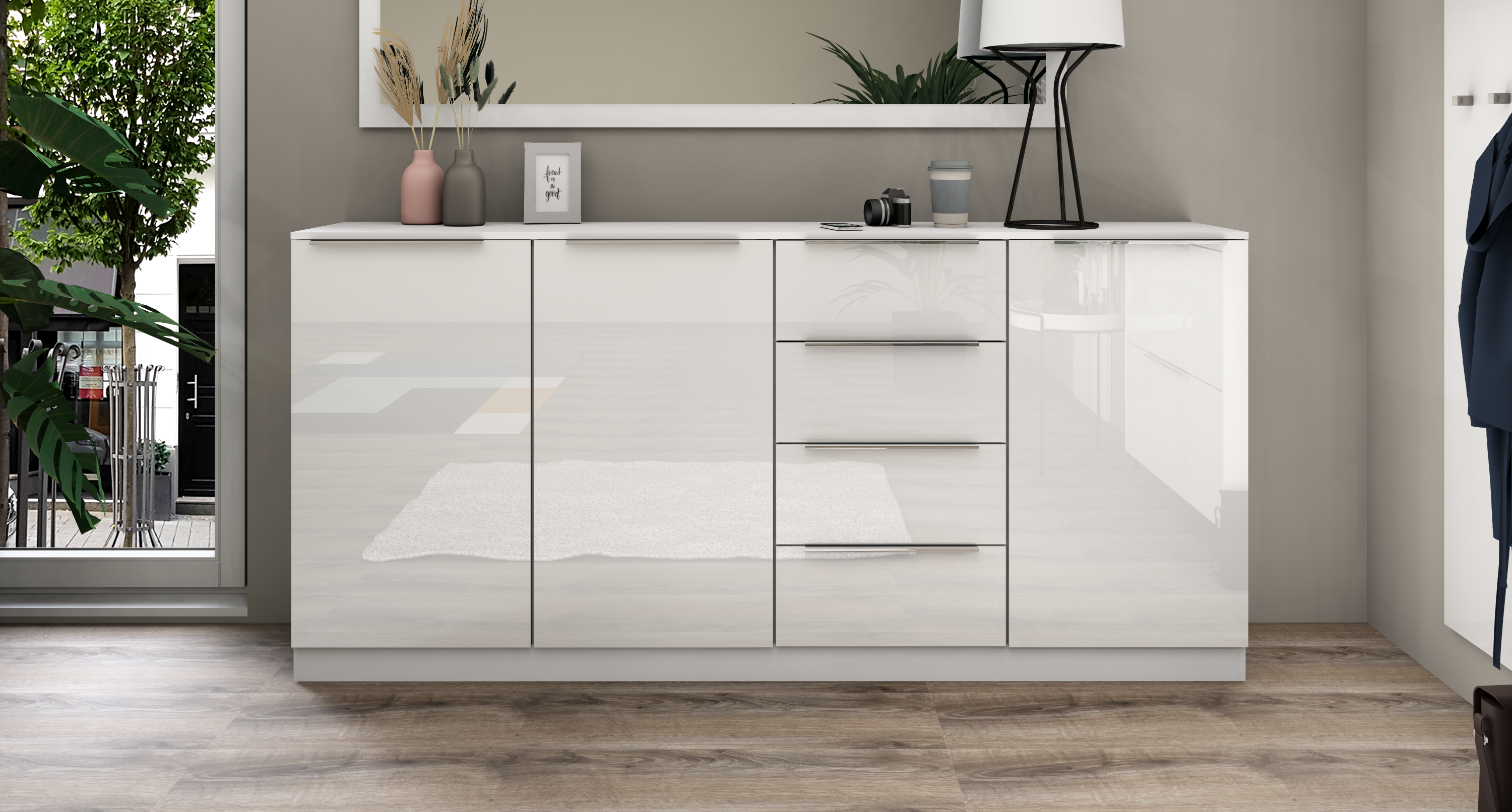 Highboard Weiß Hochglanz "Oliva" 200 cm