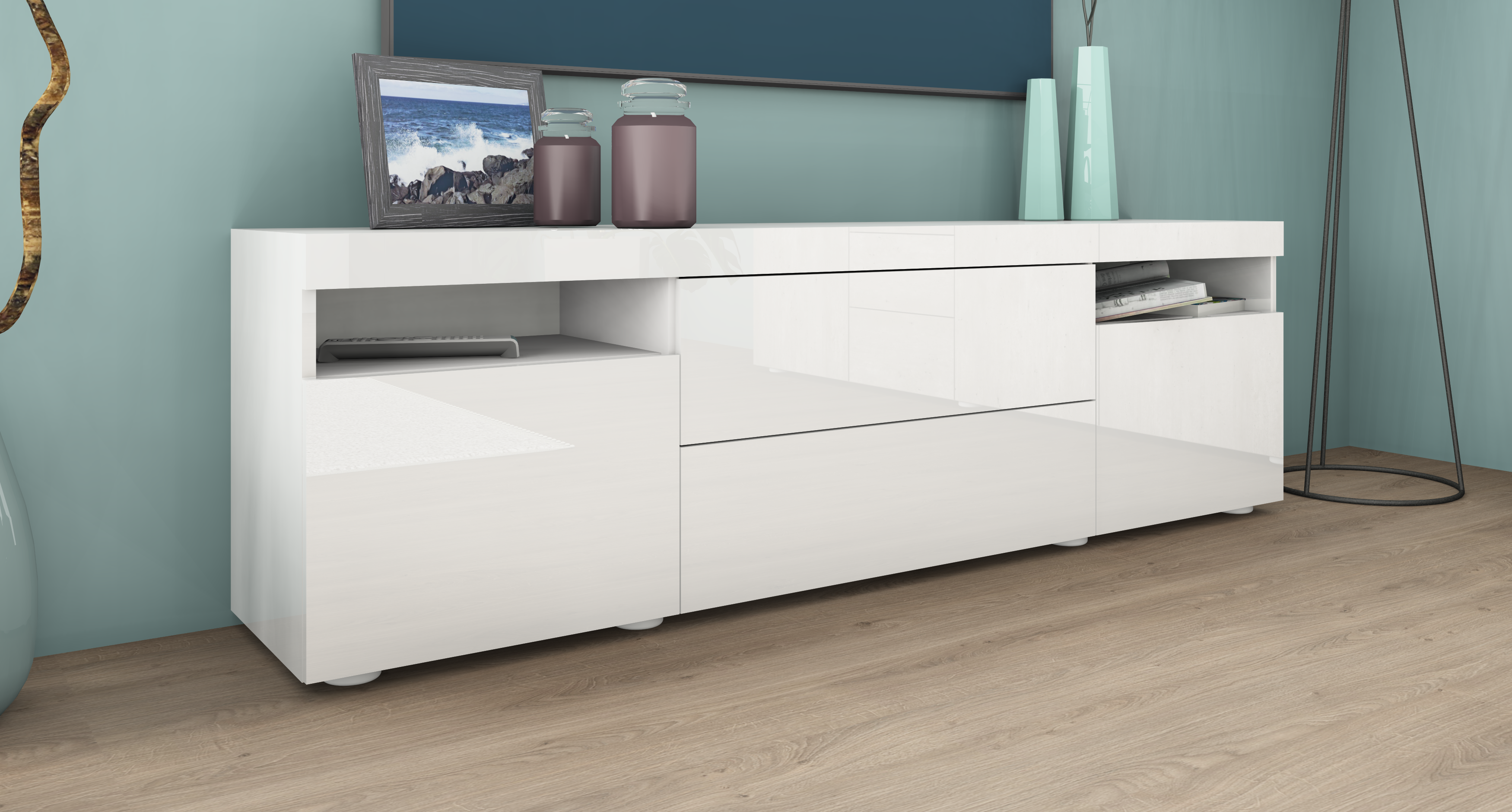Kapstadt-LB-166-weiss-HG_2 Lowboard "Kapstadt" 166 cm, Weiß Hochglanz