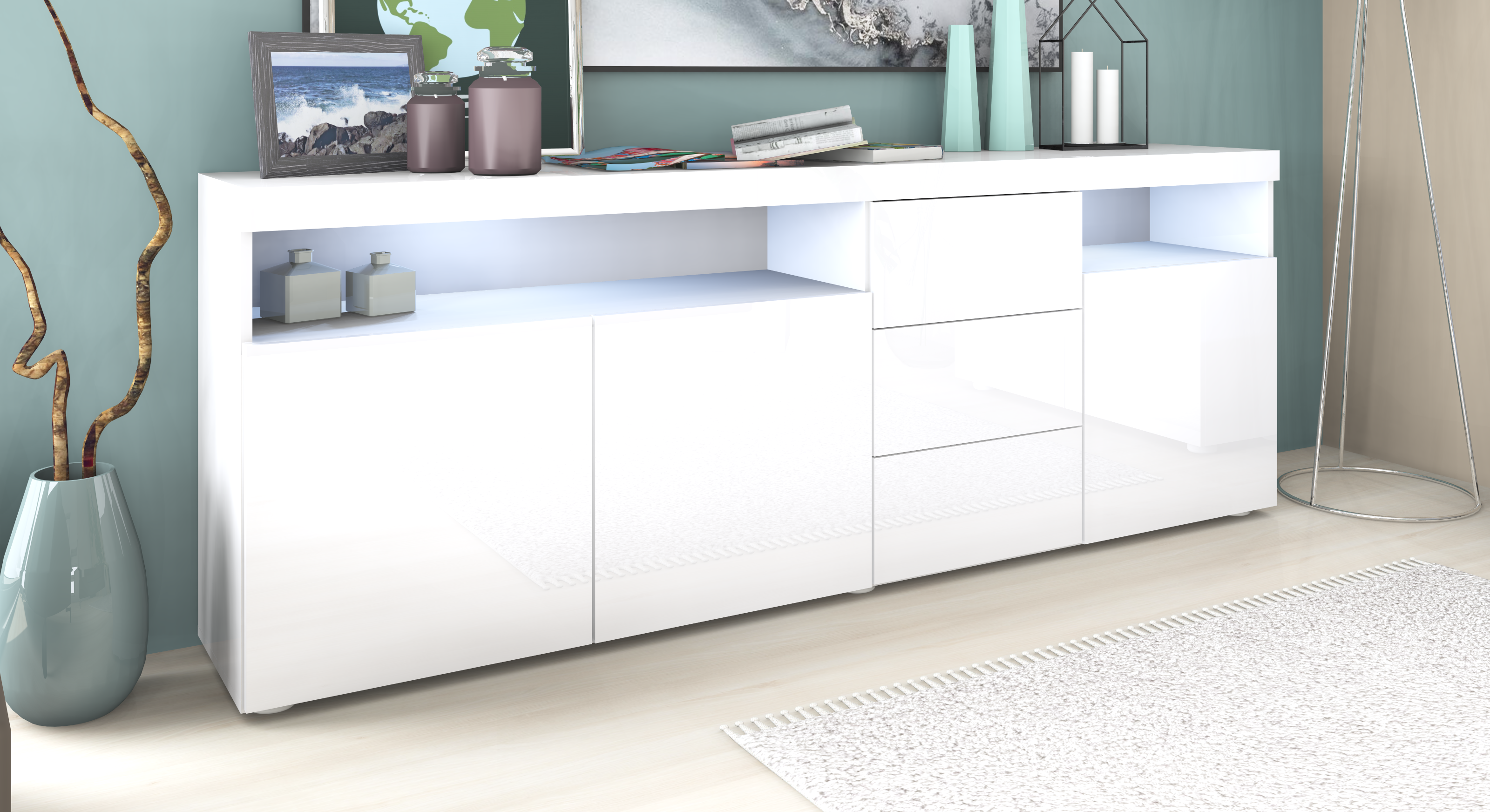 SB200-weiss-HG_2 Sideboard "Kapstadt" 200 cm in Weiß Hochglanz