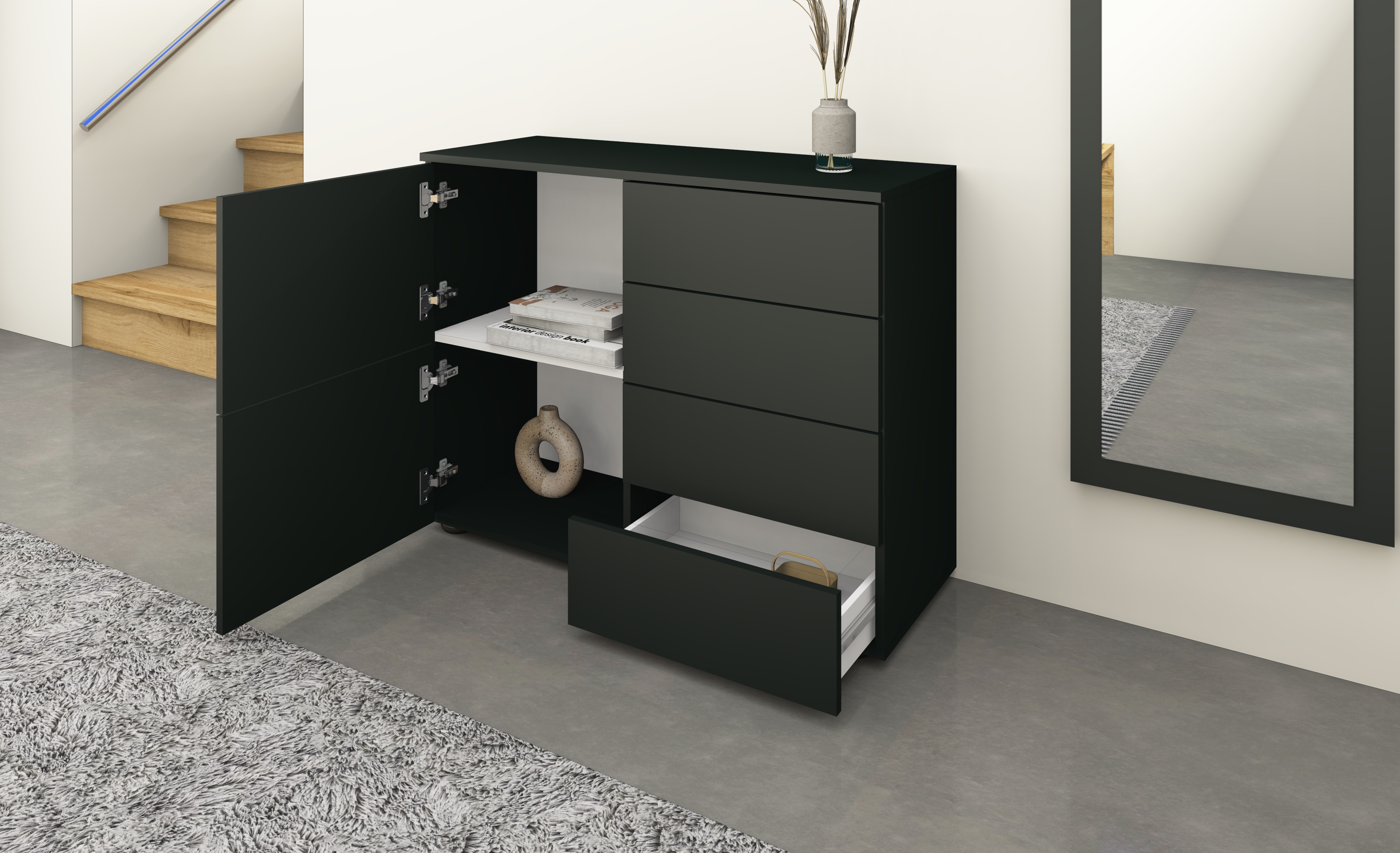 Kommode "Rova" 2 Türen, 4 Schubkästen, schwarz 