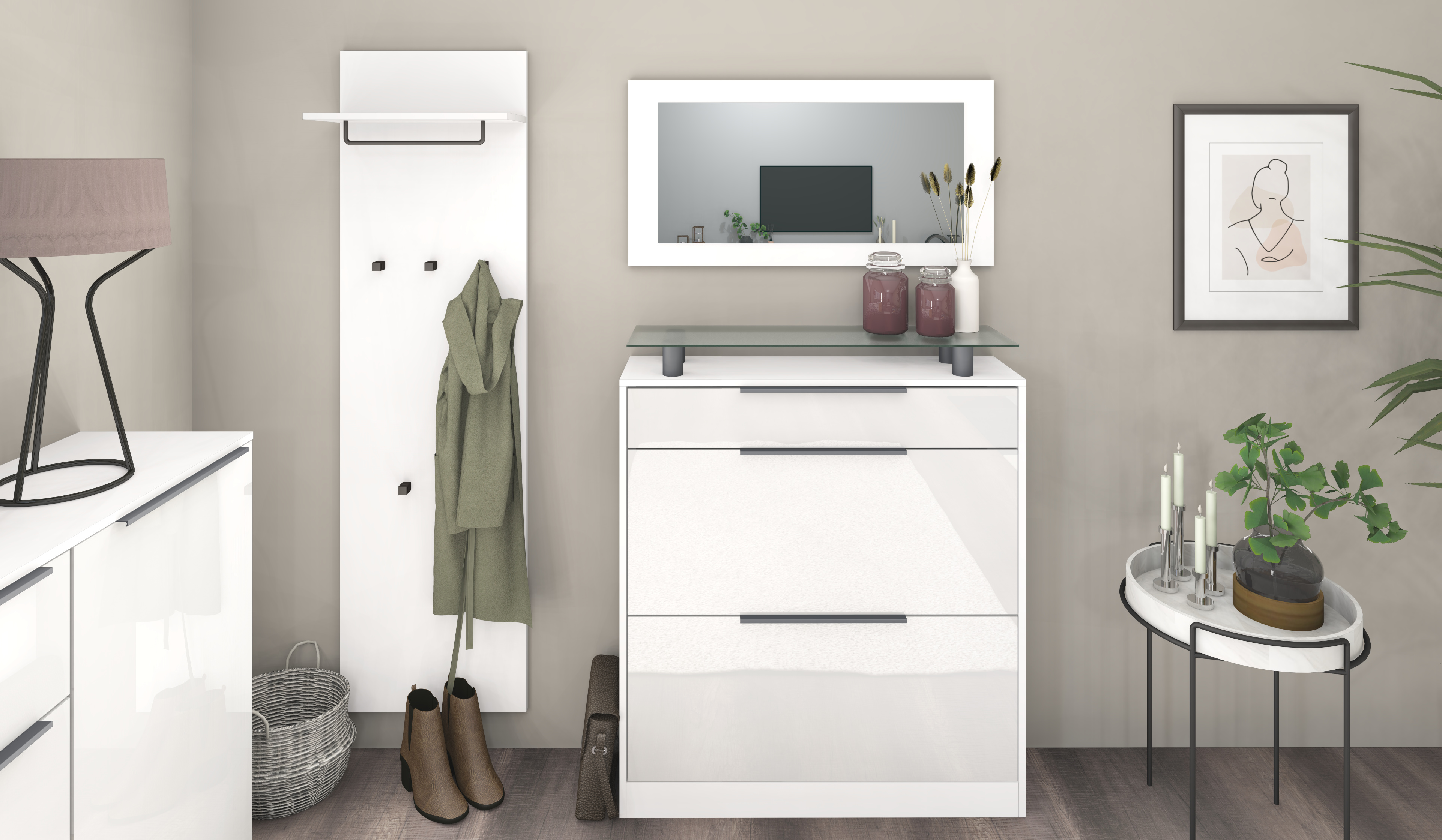 Schuhschrank mit Spiegel und Paneel "Tom" Weiß Hochglanz